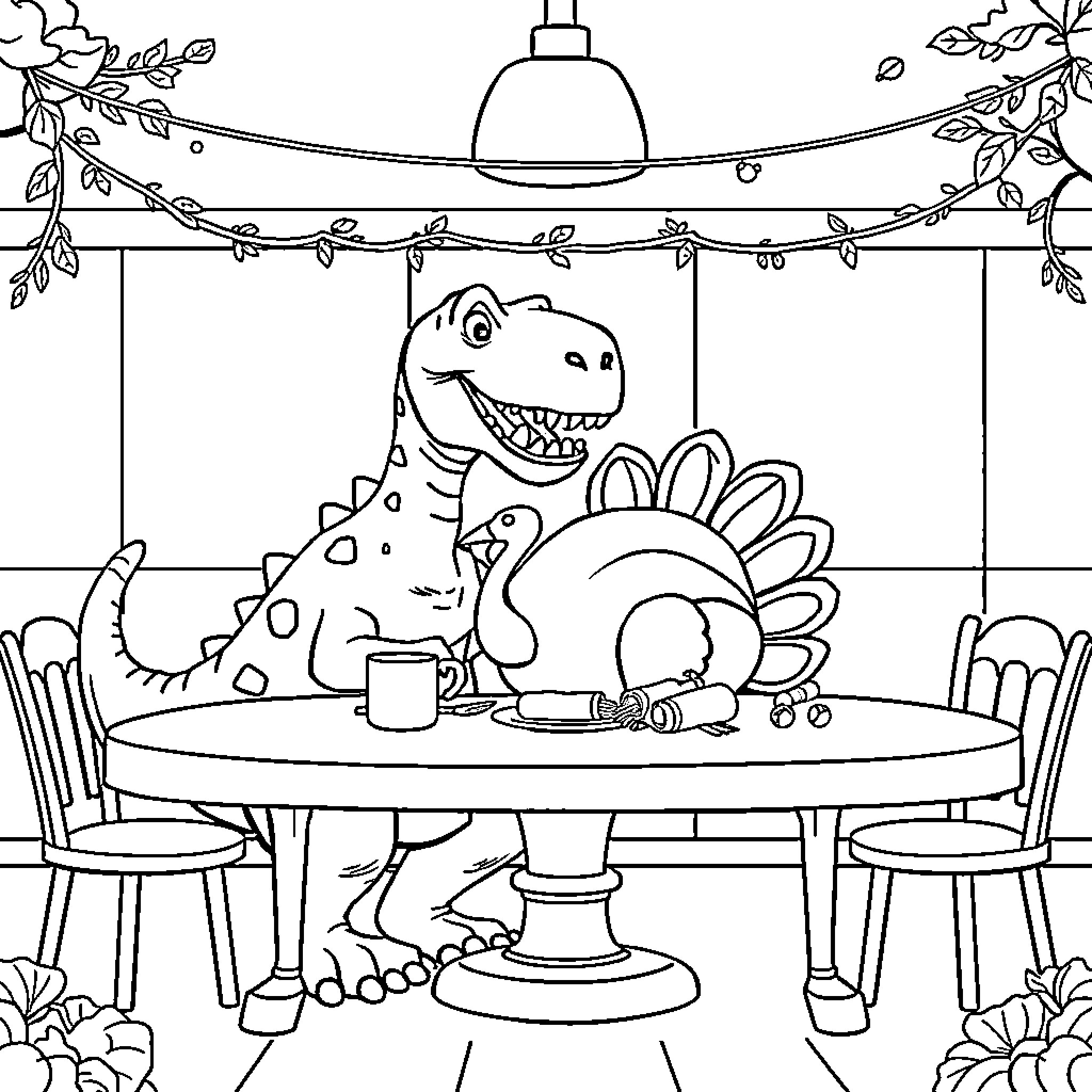 Dinosaur enjoying a festive meal with friends Coloring Page (free black-and-white line drawing printable PDF for all, from beginners to advanced learners, including children, teens, adults, and seniors)