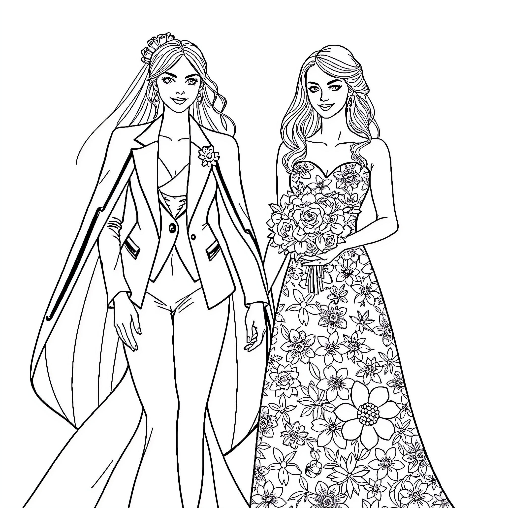Bride in a Floral Gown with Bridesmaid in Formal Attire Coloring Page (free black-and-white line drawing printable PDF for all, from beginners to advanced learners, including children, teens, adults, and seniors)