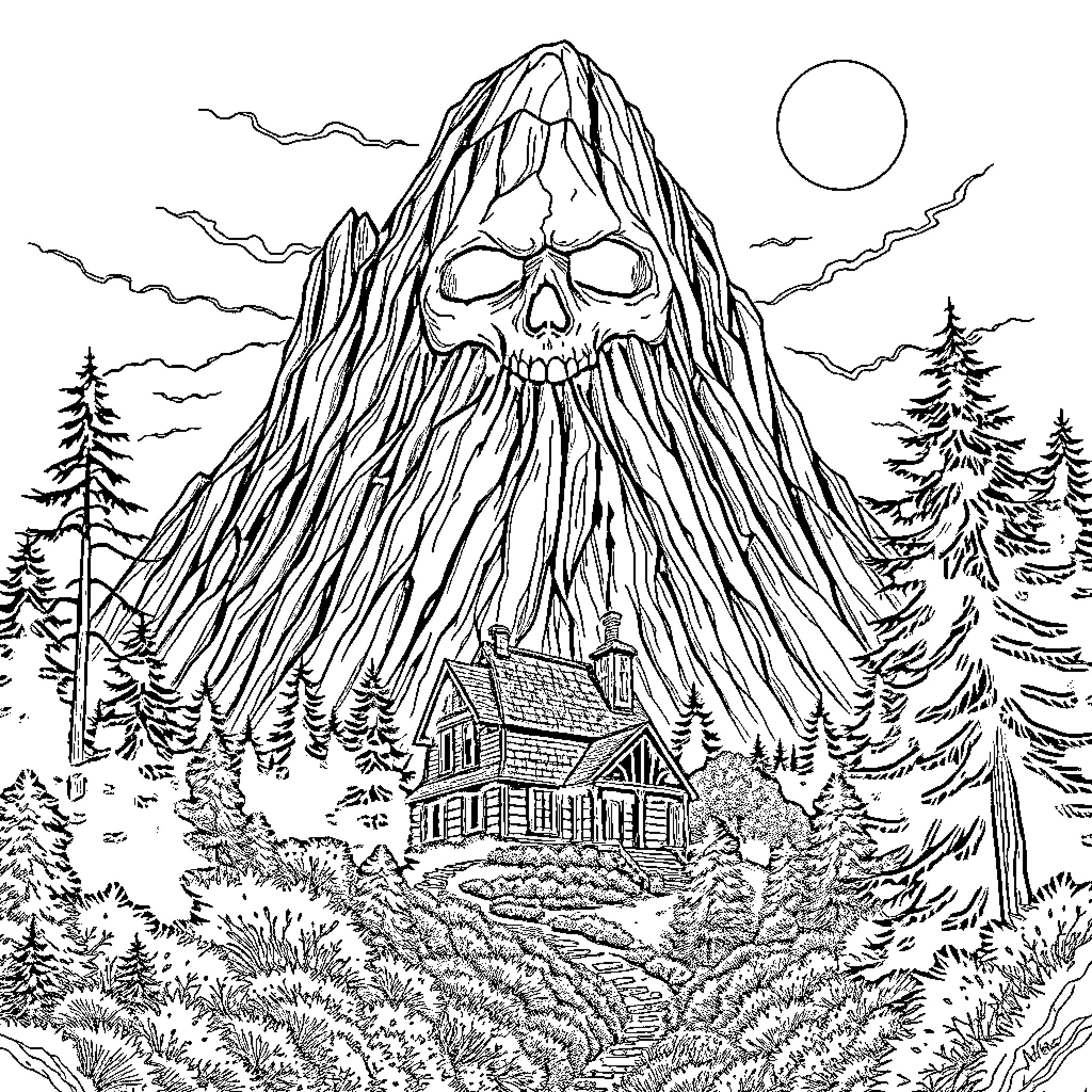 Skull in the Haunting Mountain Wilderness Coloring Page (free black-and-white line drawing printable PDF for all, from beginners to advanced learners, including children, teens, adults, and seniors)