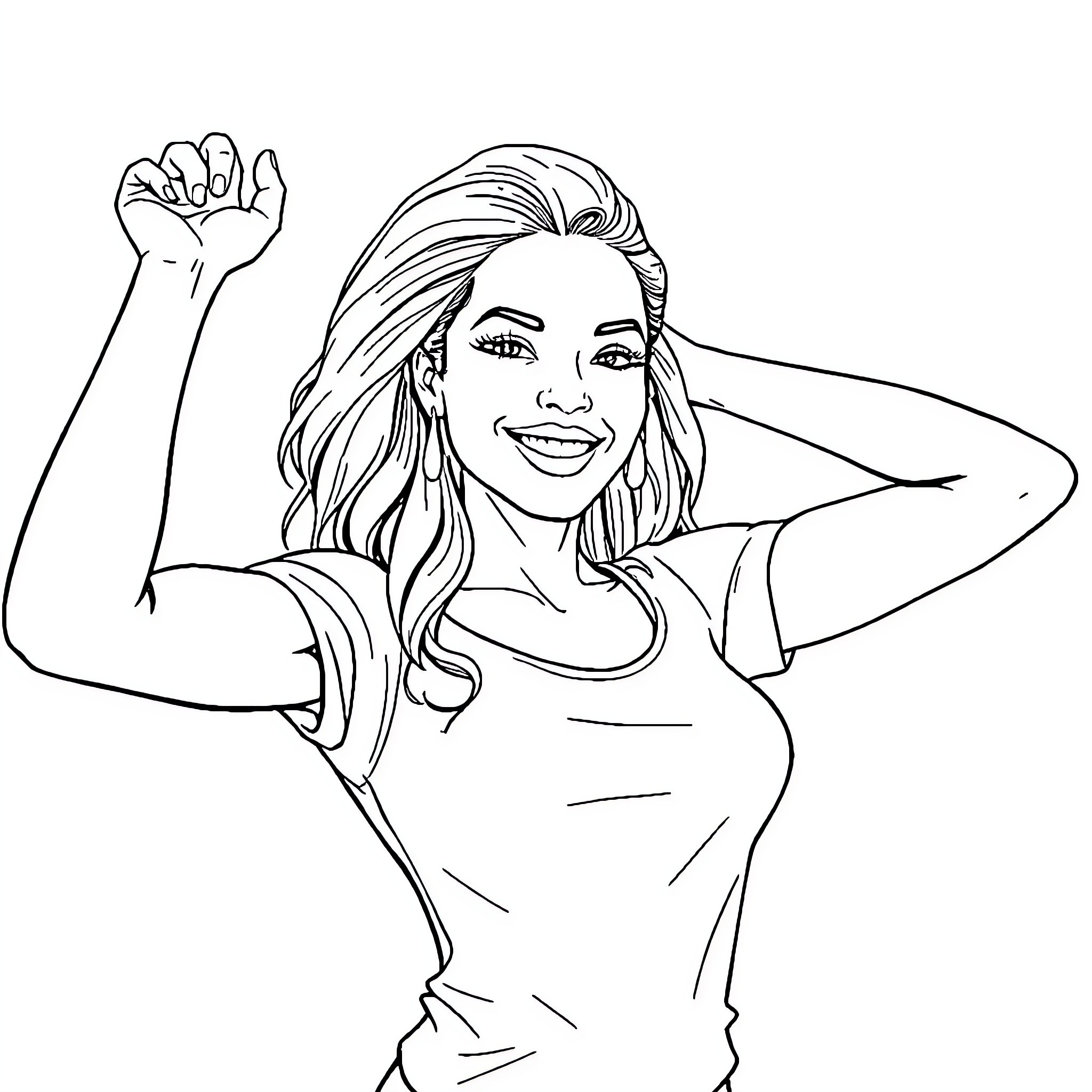 Latina Woman Expressing Happiness and Joy Coloring Page (free black-and-white line drawing printable PDF for all, from beginners to advanced learners, including children, teens, adults, and seniors)