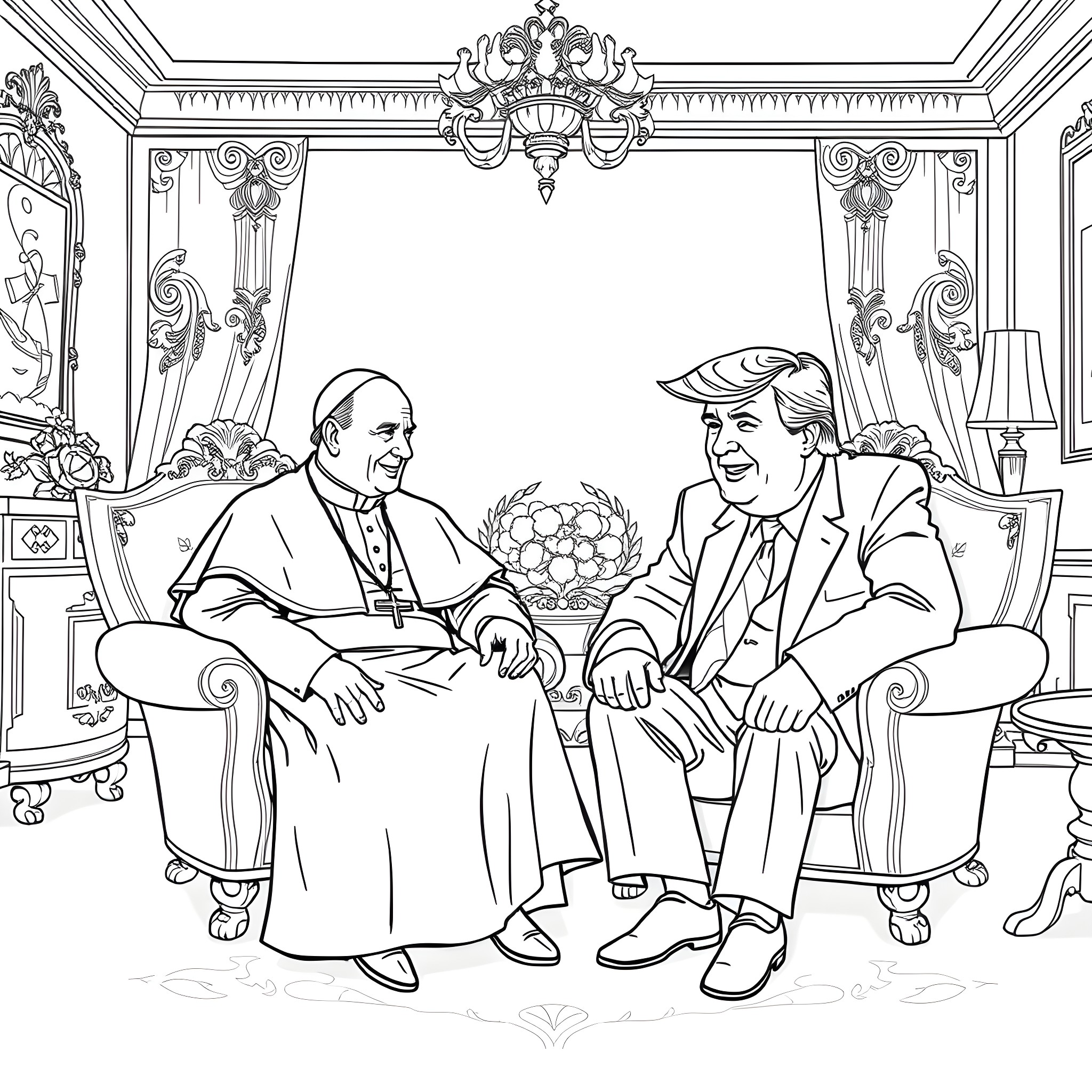 Pope meeting with political leader in ornate chamber Coloring Page (free black-and-white line drawing printable PDF for all, from beginners to advanced learners, including children, teens, adults, and seniors)