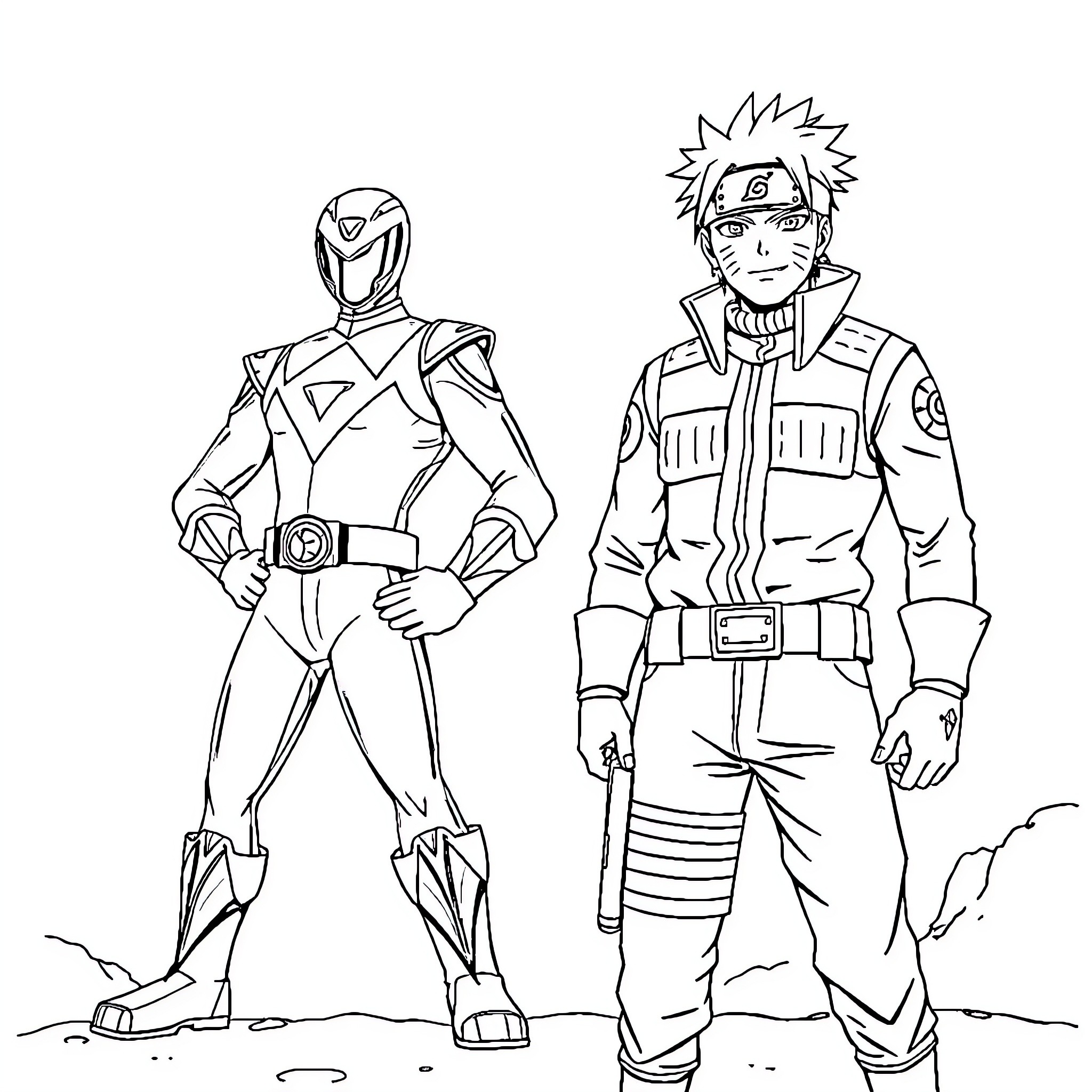 Power Rangers Inspired Characters in Action Poses Coloring Page (free black-and-white line drawing printable PDF for all, from beginners to advanced learners, including children, teens, adults, and seniors)