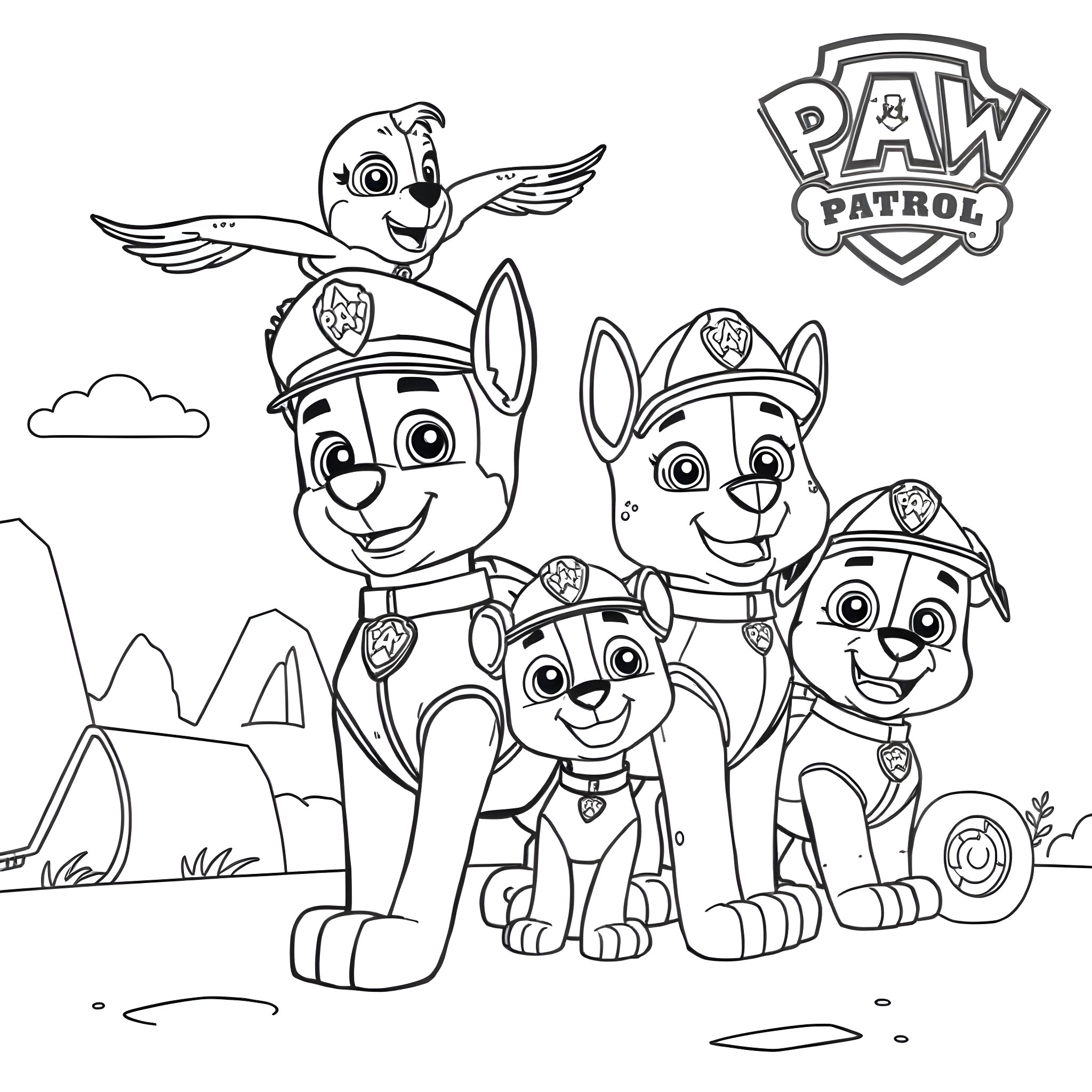 Paw Patrol team in action poses Coloring Page (free black-and-white line drawing printable PDF for all, from beginners to advanced learners, including children, teens, adults, and seniors)