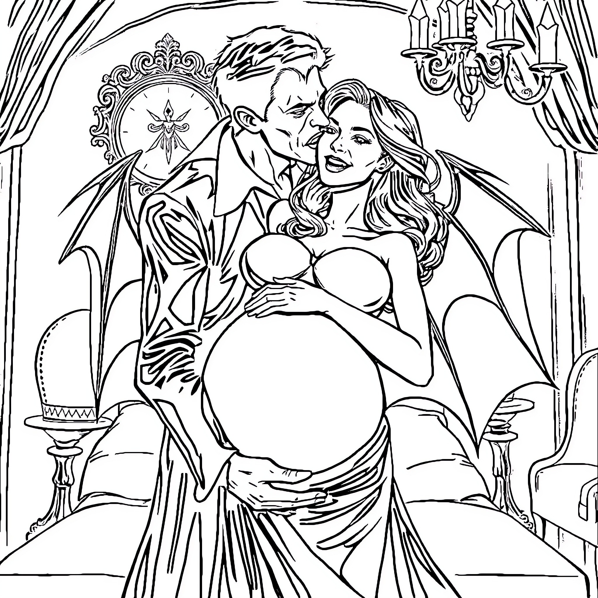 Vampire Couple Embracing Passionately in Castle Coloring Page (free black-and-white line drawing printable PDF for all, from beginners to advanced learners, including children, teens, adults, and seniors)
