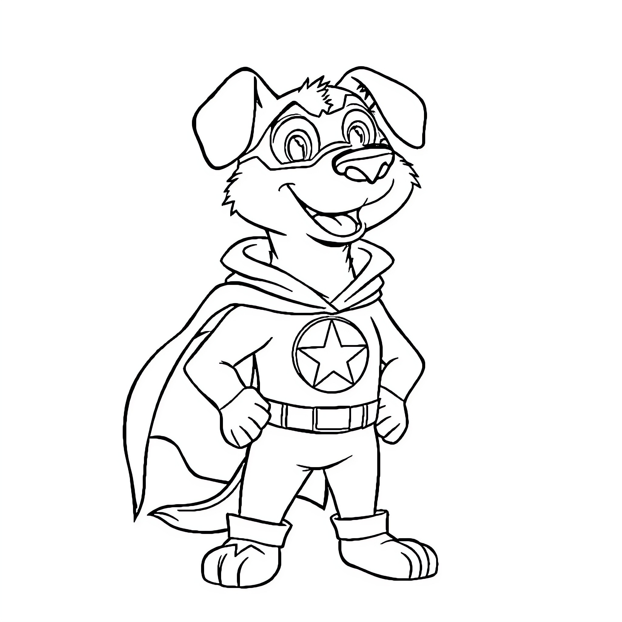 Dog Man in Superhero Costume Coloring Page (free black-and-white line drawing printable PDF for all, from beginners to advanced learners, including children, teens, adults, and seniors)