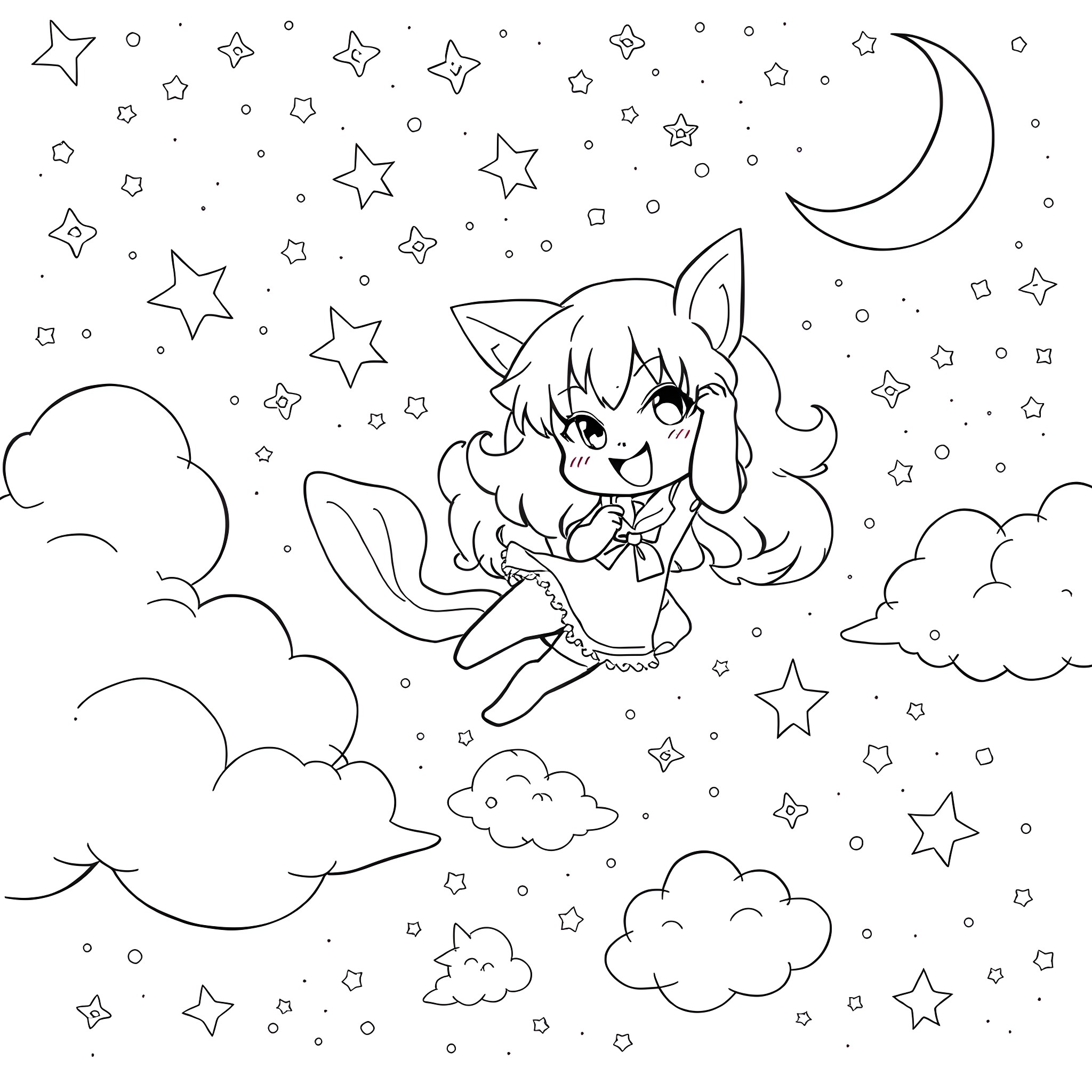 Kuromi enjoying the starry night sky Coloring Page (free black-and-white line drawing printable PDF for all, from beginners to advanced learners, including children, teens, adults, and seniors)