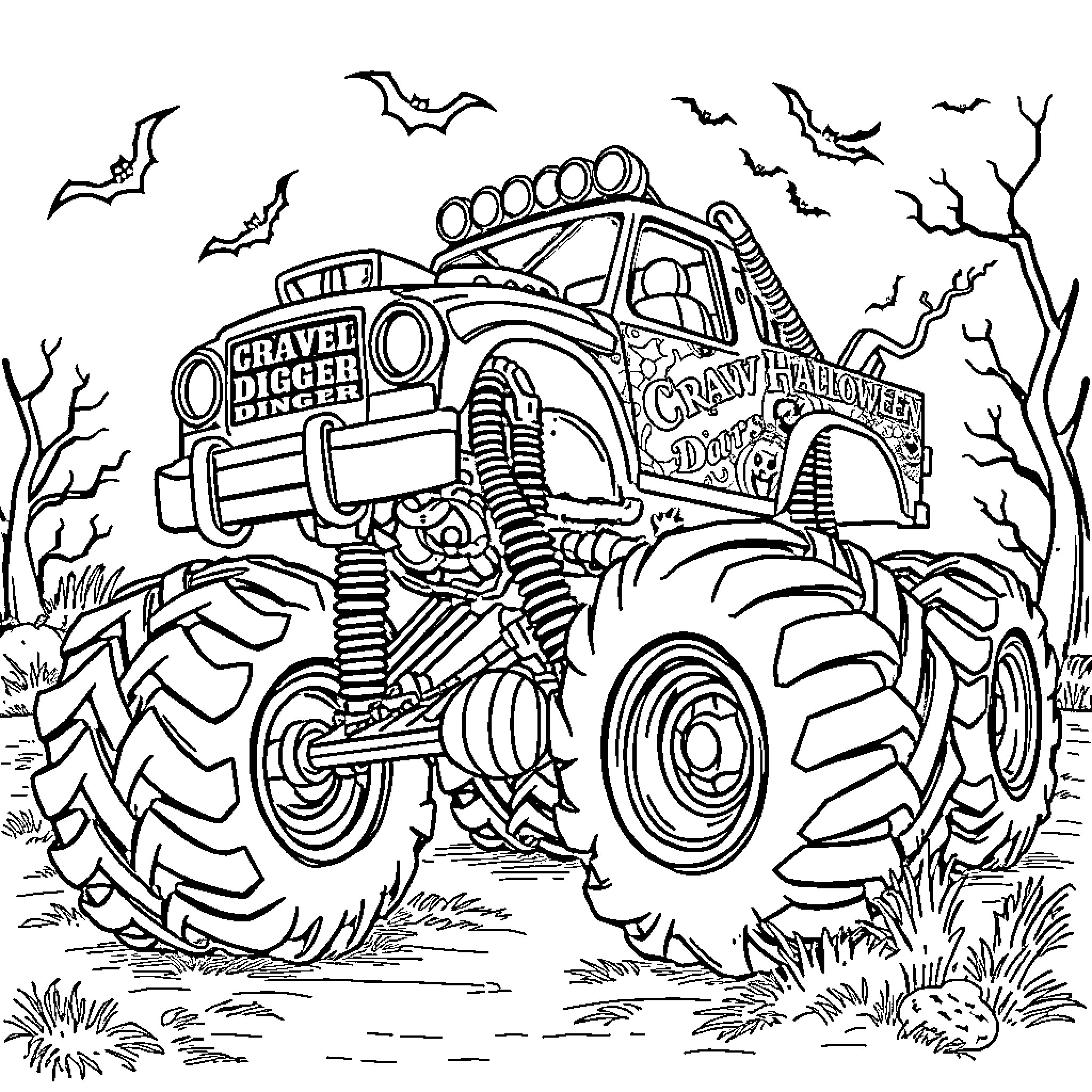 Monster Truck Navigating Spooky Halloween Scene Coloring Page (free black-and-white line drawing printable PDF for all, from beginners to advanced learners, including children, teens, adults, and seniors)