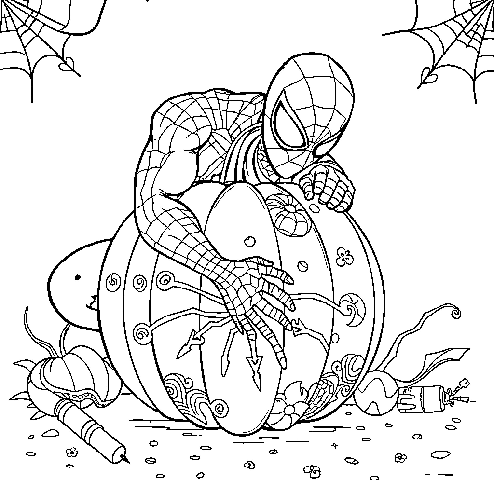 Spider-Man crawling on a pumpkin-shaped design Coloring Page (free black-and-white line drawing printable PDF for all, from beginners to advanced learners, including children, teens, adults, and seniors)