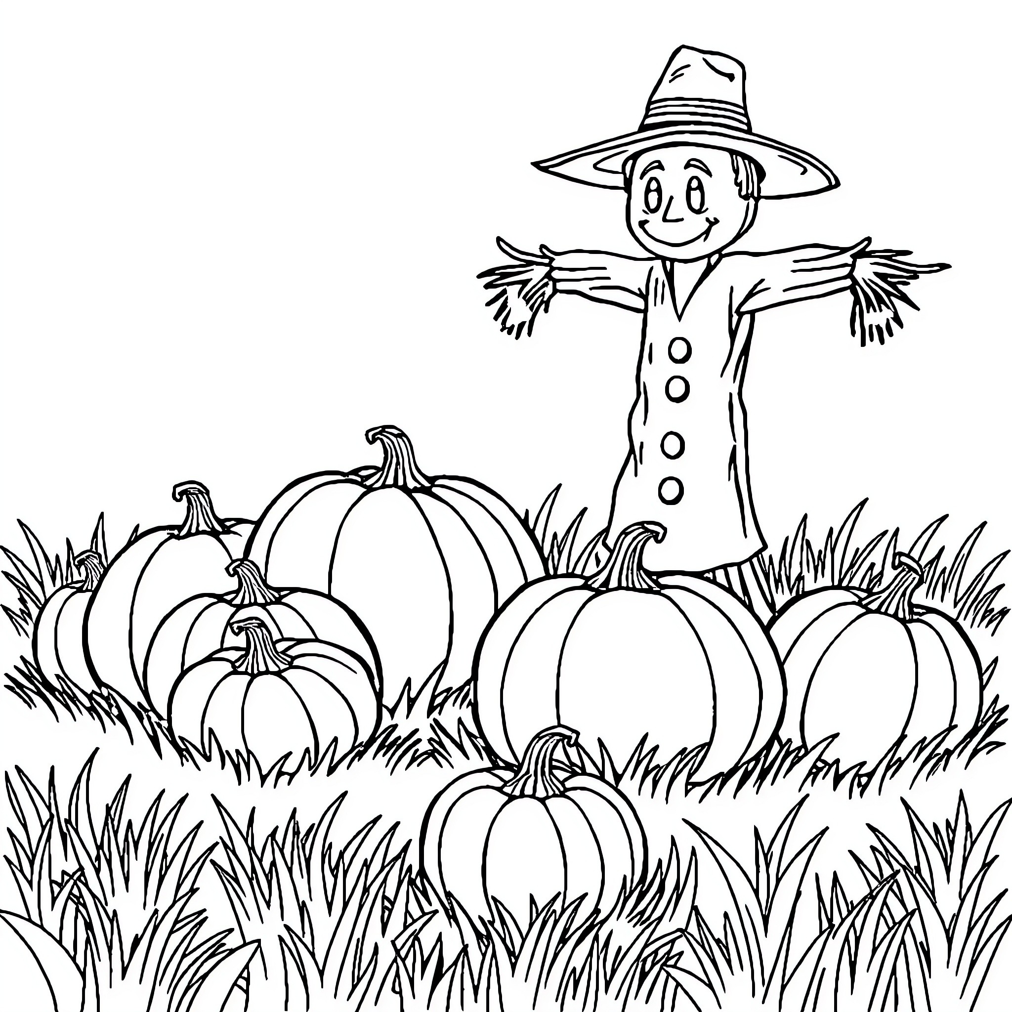 Pumpkin patch with friendly scarecrow figure Coloring Page (free black-and-white line drawing printable PDF for all, from beginners to advanced learners, including children, teens, adults, and seniors)