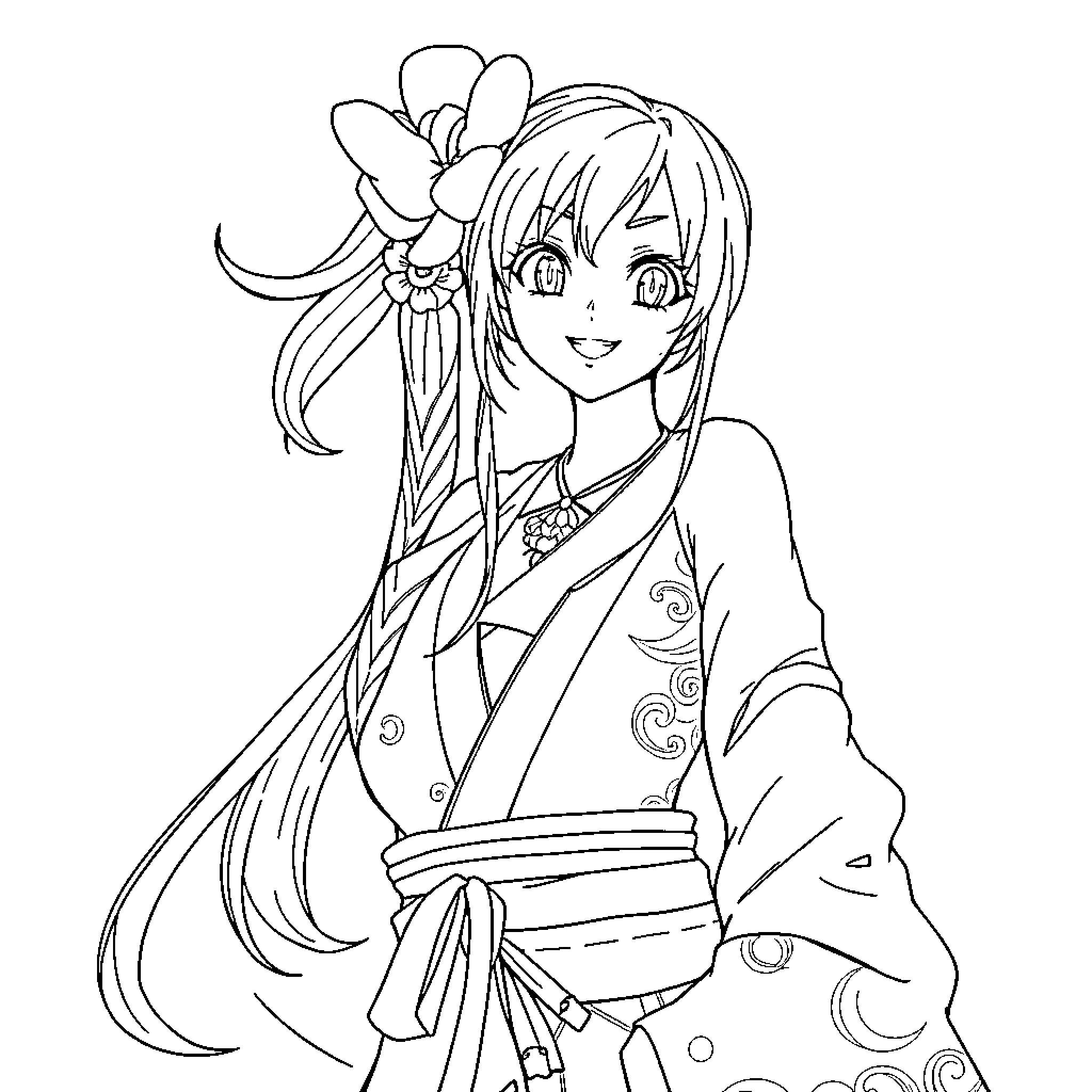 Mai Shiranui in Graceful Kimono Pose Coloring Page (free black-and-white line drawing printable PDF for all, from beginners to advanced learners, including children, teens, adults, and seniors)