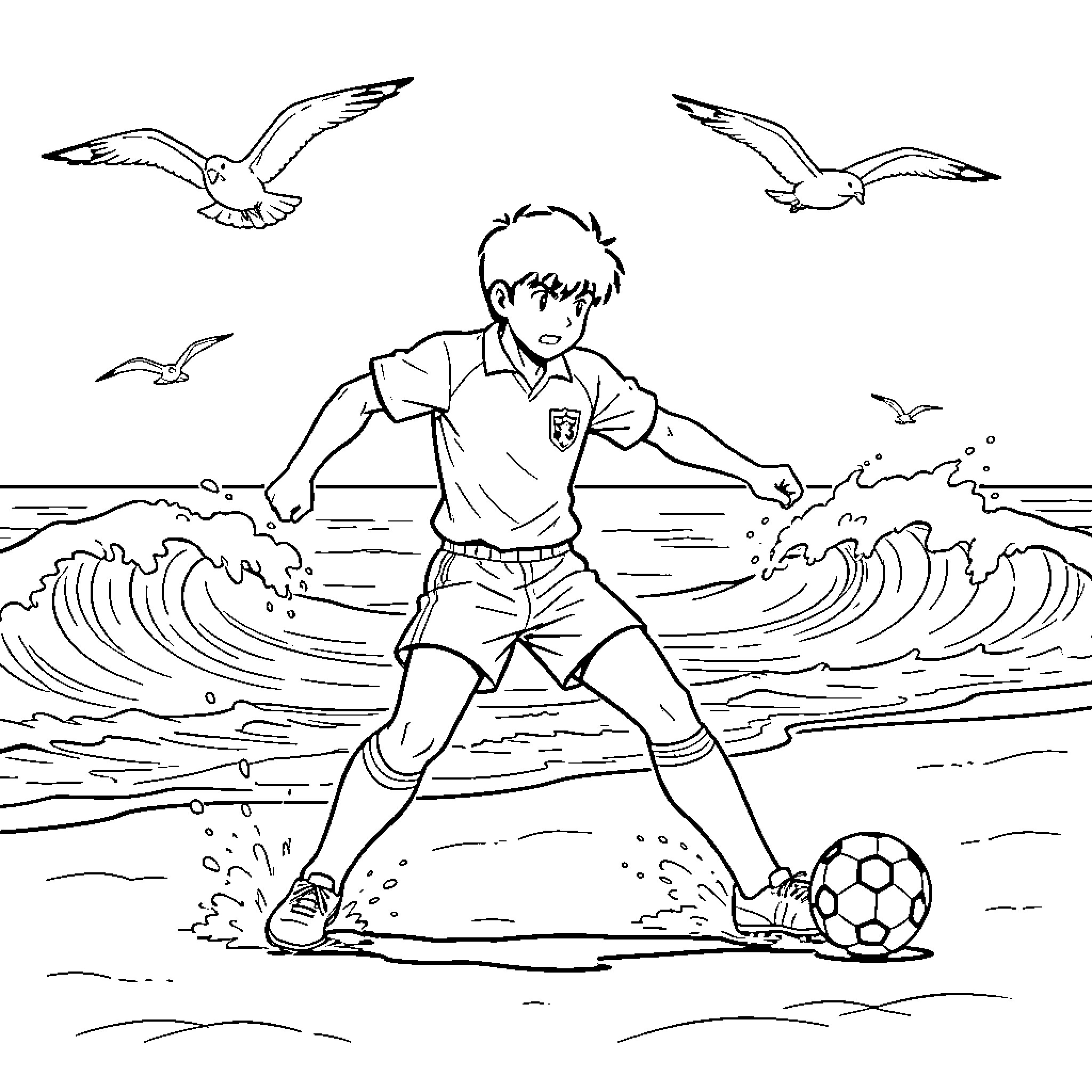 Captain Tsubasa playing soccer on the beach Coloring Page (free black-and-white line drawing printable PDF for all, from beginners to advanced learners, including children, teens, adults, and seniors)