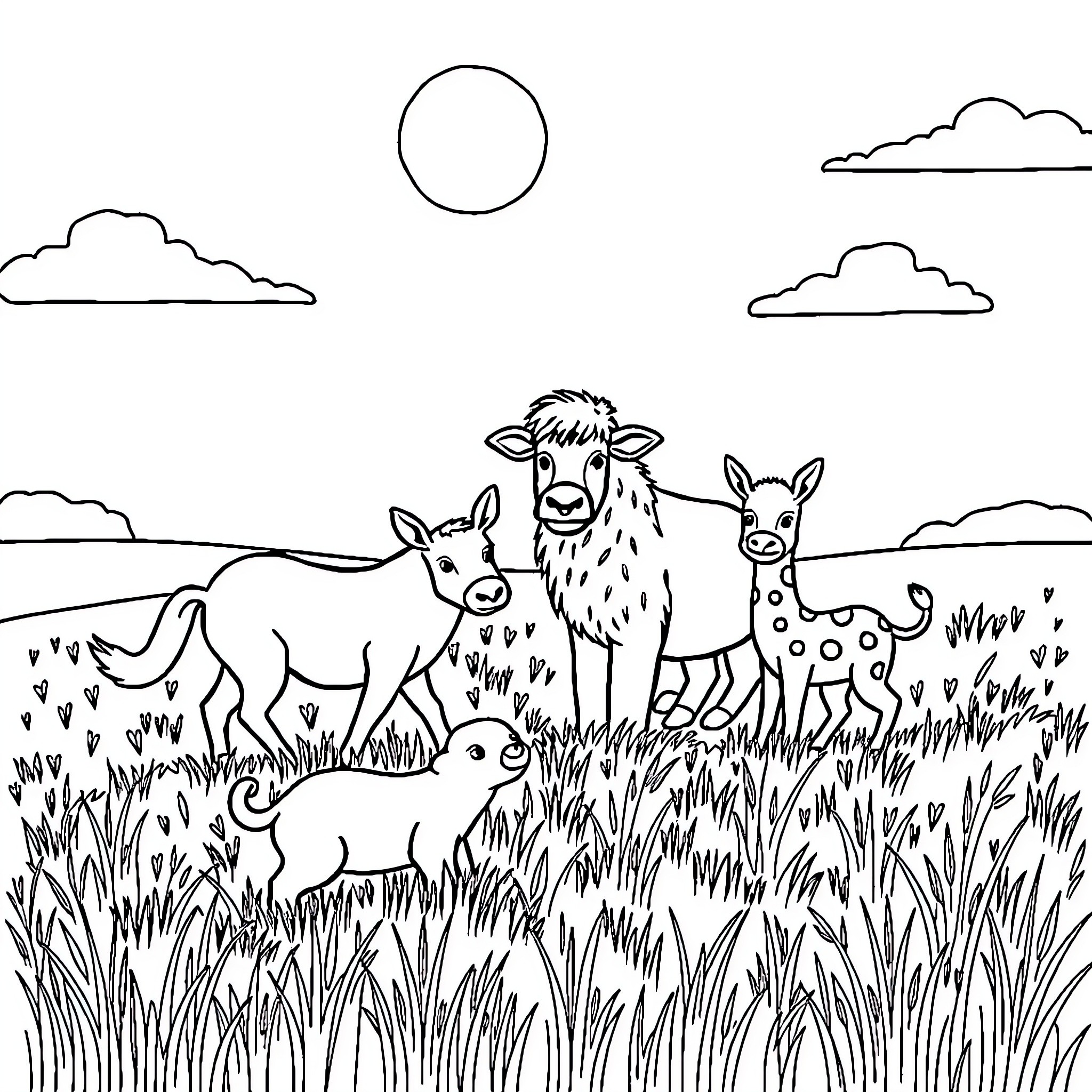 Animal family in the grassy field Coloring Page (free black-and-white line drawing printable PDF for all, from beginners to advanced learners, including children, teens, adults, and seniors)