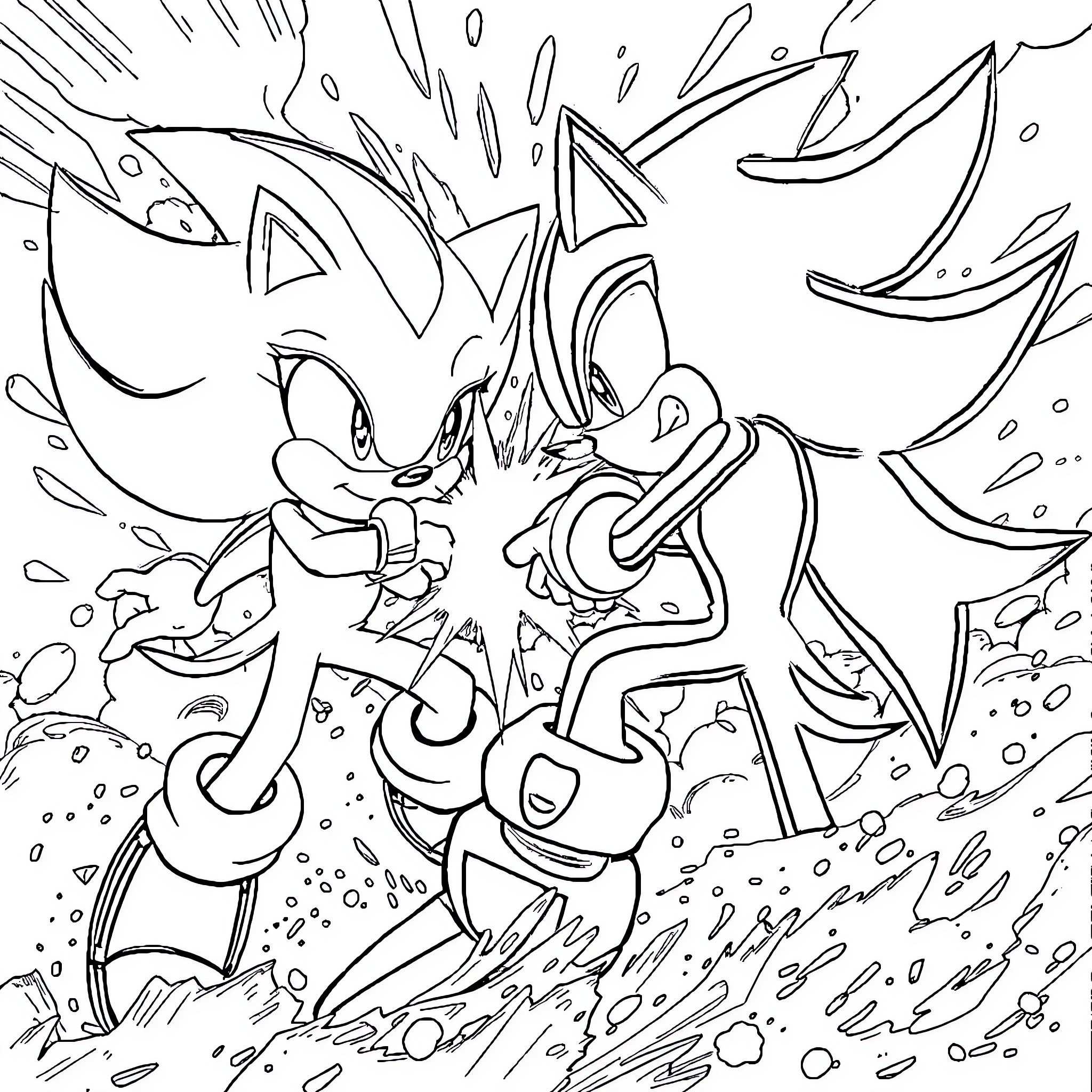 Sonic characters in action-packed adventure Coloring Page (free black-and-white line drawing printable PDF for all, from beginners to advanced learners, including children, teens, adults, and seniors)
