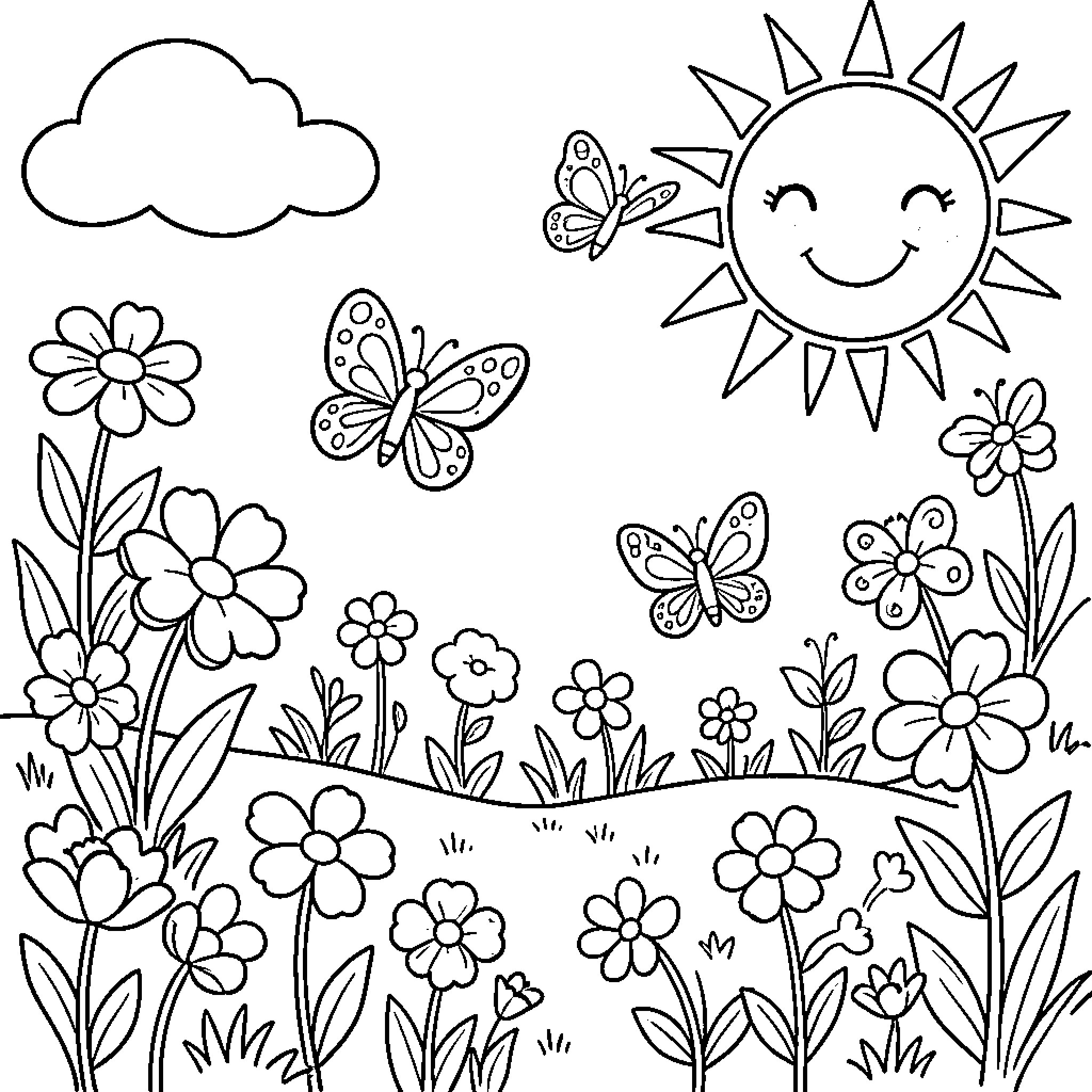 Spring flowers and butterflies in a sunny field Coloring Page (free black-and-white line drawing printable PDF for all, from beginners to advanced learners, including children, teens, adults, and seniors)