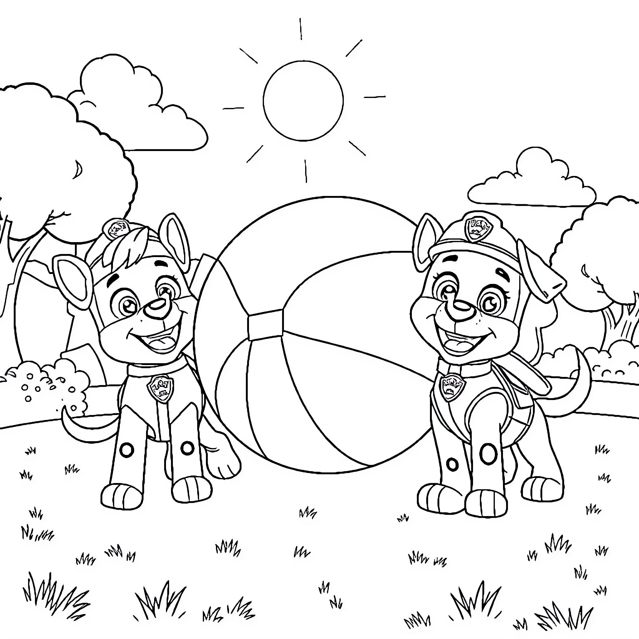 Paw Patrol Pups Enjoying Outdoor Adventure Coloring Page (free black-and-white line drawing printable PDF for all, from beginners to advanced learners, including children, teens, adults, and seniors)