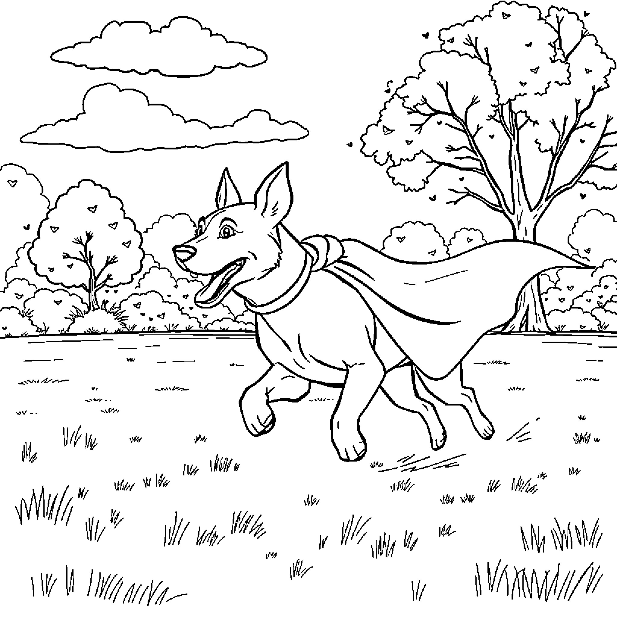 Dog running happily in the park Coloring Page (free black-and-white line drawing printable PDF for all, from beginners to advanced learners, including children, teens, adults, and seniors)