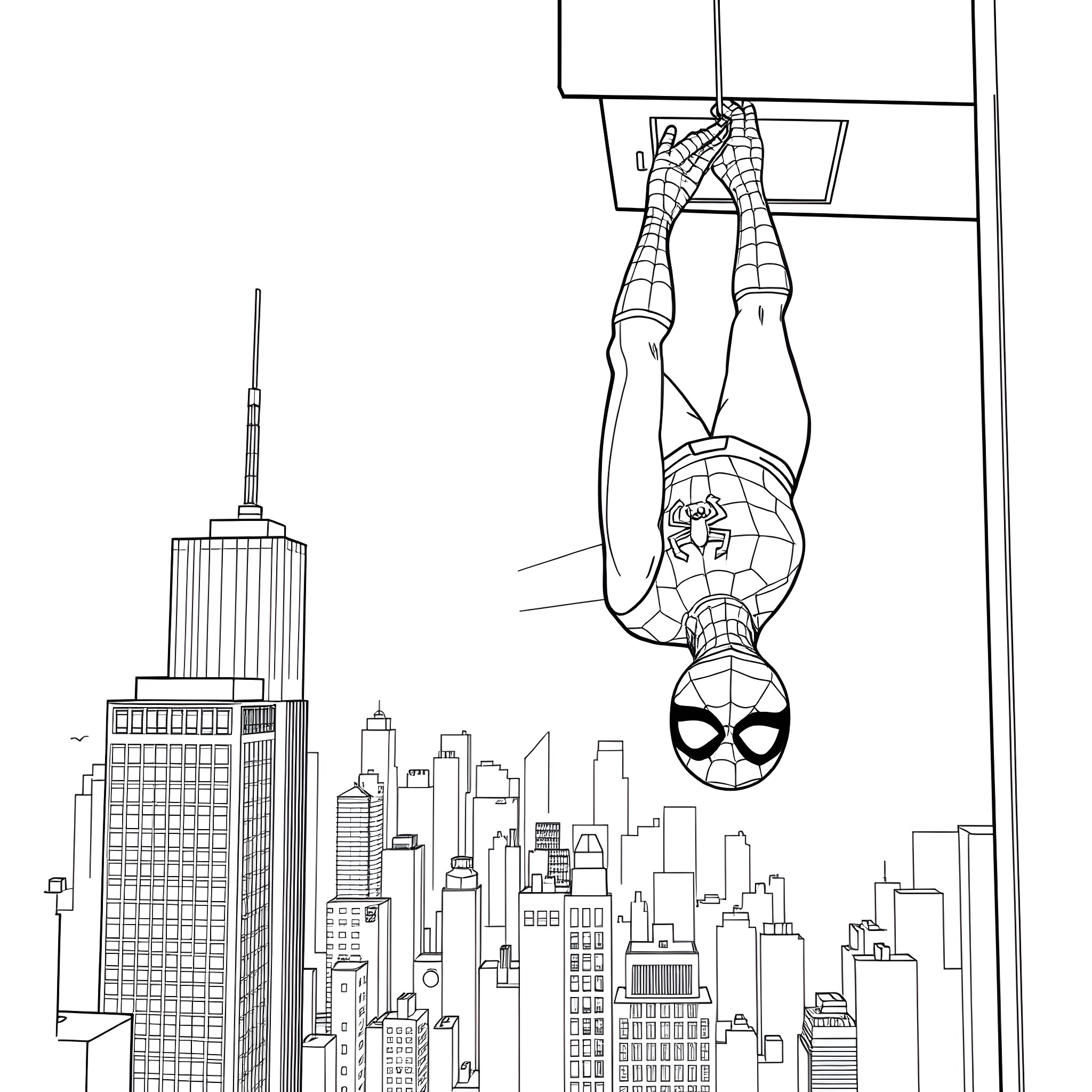 Spiderman swinging through the city skyline Coloring Page (free black-and-white line drawing printable PDF for all, from beginners to advanced learners, including children, teens, adults, and seniors)