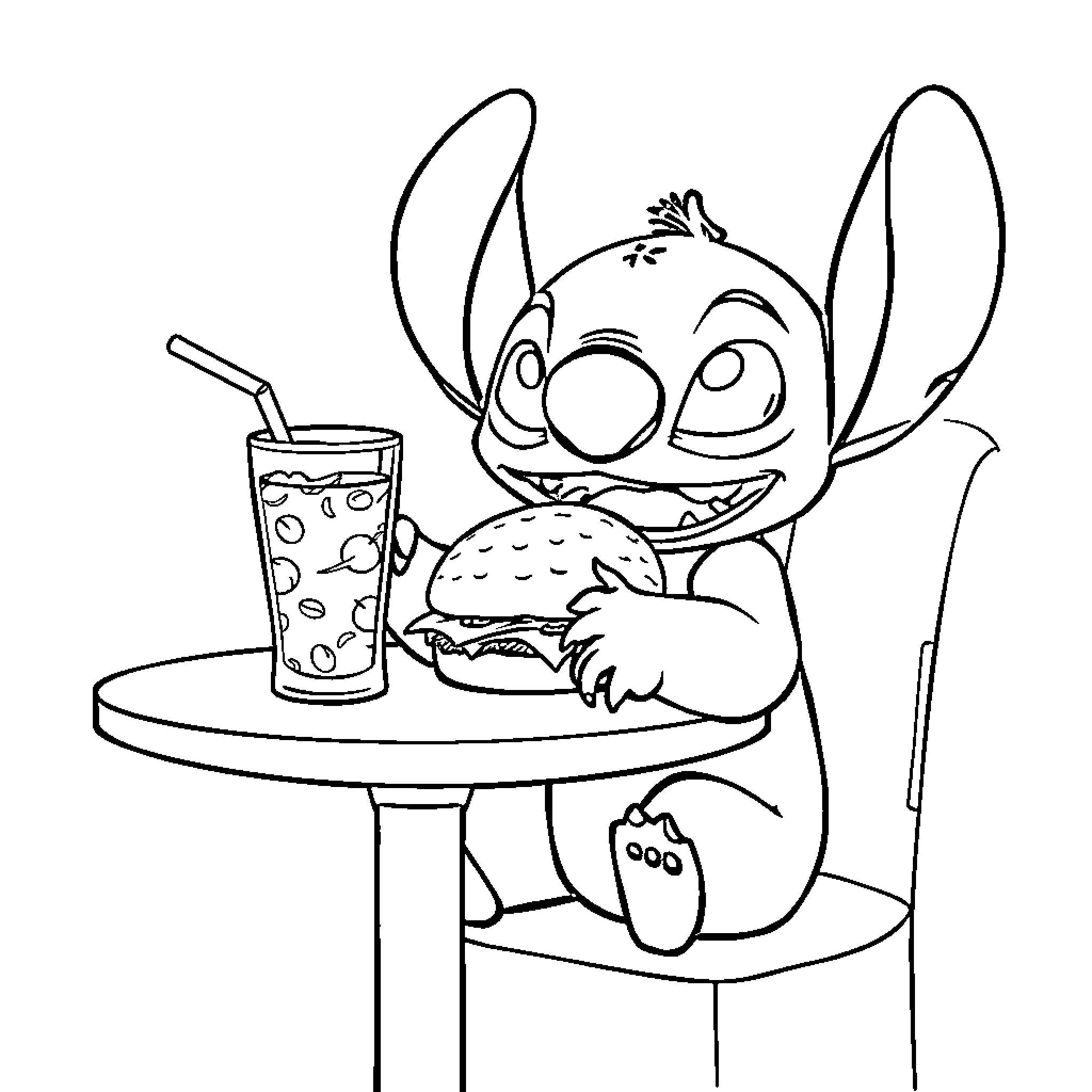 Stitch enjoying a tasty meal and beverage Coloring Page (free black-and-white line drawing printable PDF for all, from beginners to advanced learners, including children, teens, adults, and seniors)