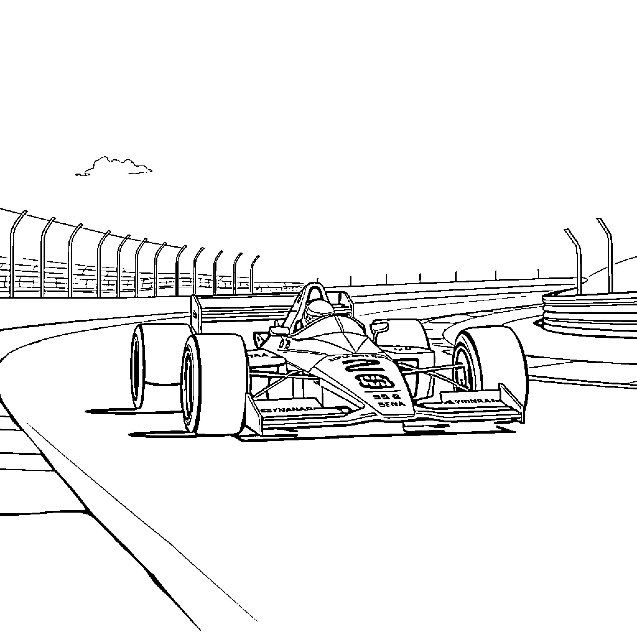 Ayrton Senna's Formula One Race in Motion Coloring Page (free black-and-white line drawing printable PDF for all, from beginners to advanced learners, including children, teens, adults, and seniors)