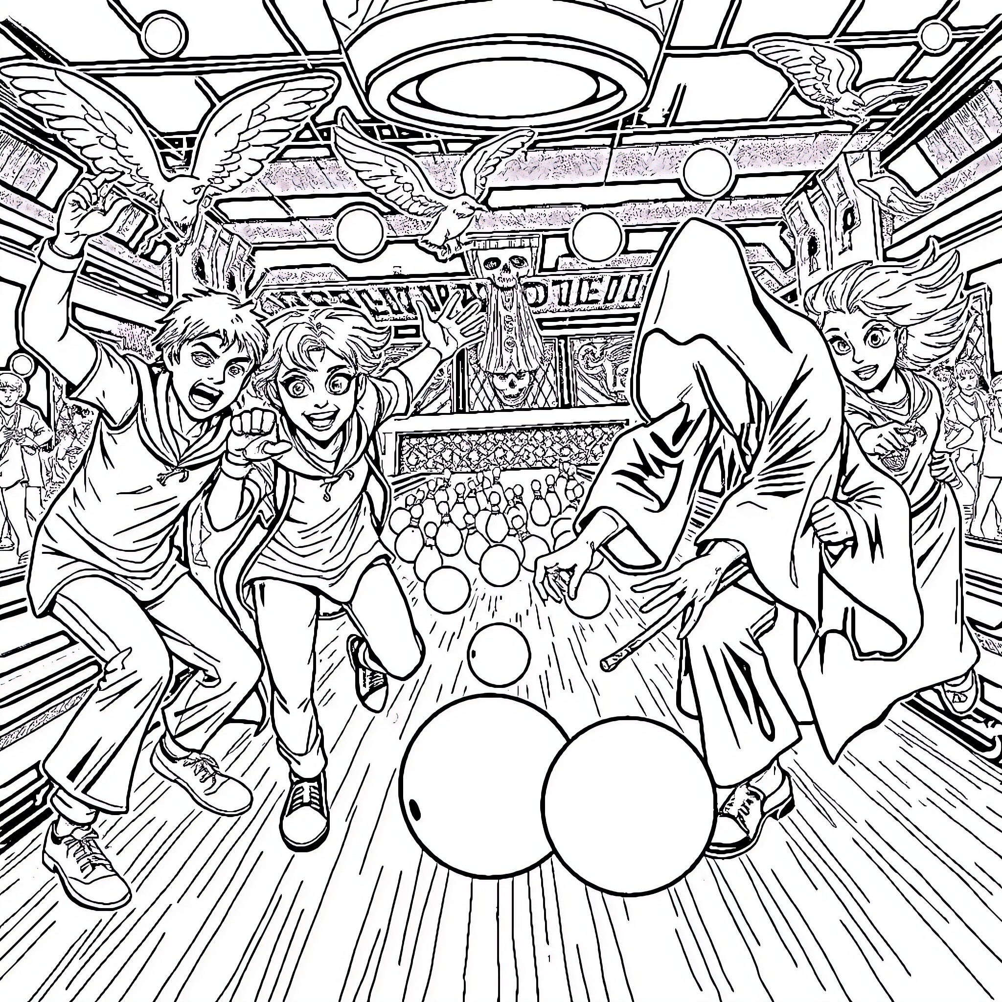 Phoenix Trio Dashing Through Vibrant Cosmic Carnival Coloring Page (free black-and-white line drawing printable PDF for all, from beginners to advanced learners, including children, teens, adults, and seniors)