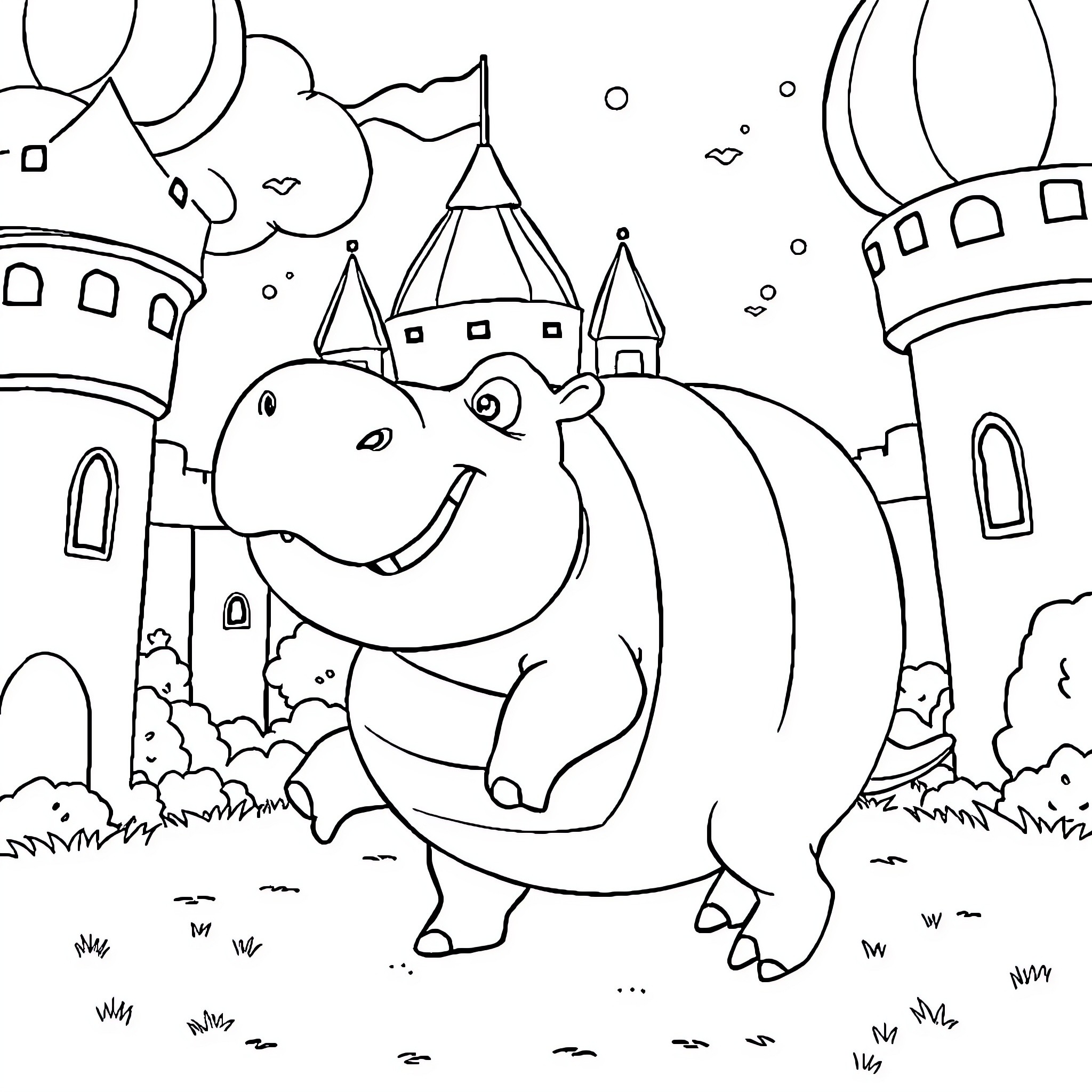Hippopotamus visiting a fantasy castle kingdom Coloring Page (free black-and-white line drawing printable PDF for all, from beginners to advanced learners, including children, teens, adults, and seniors)