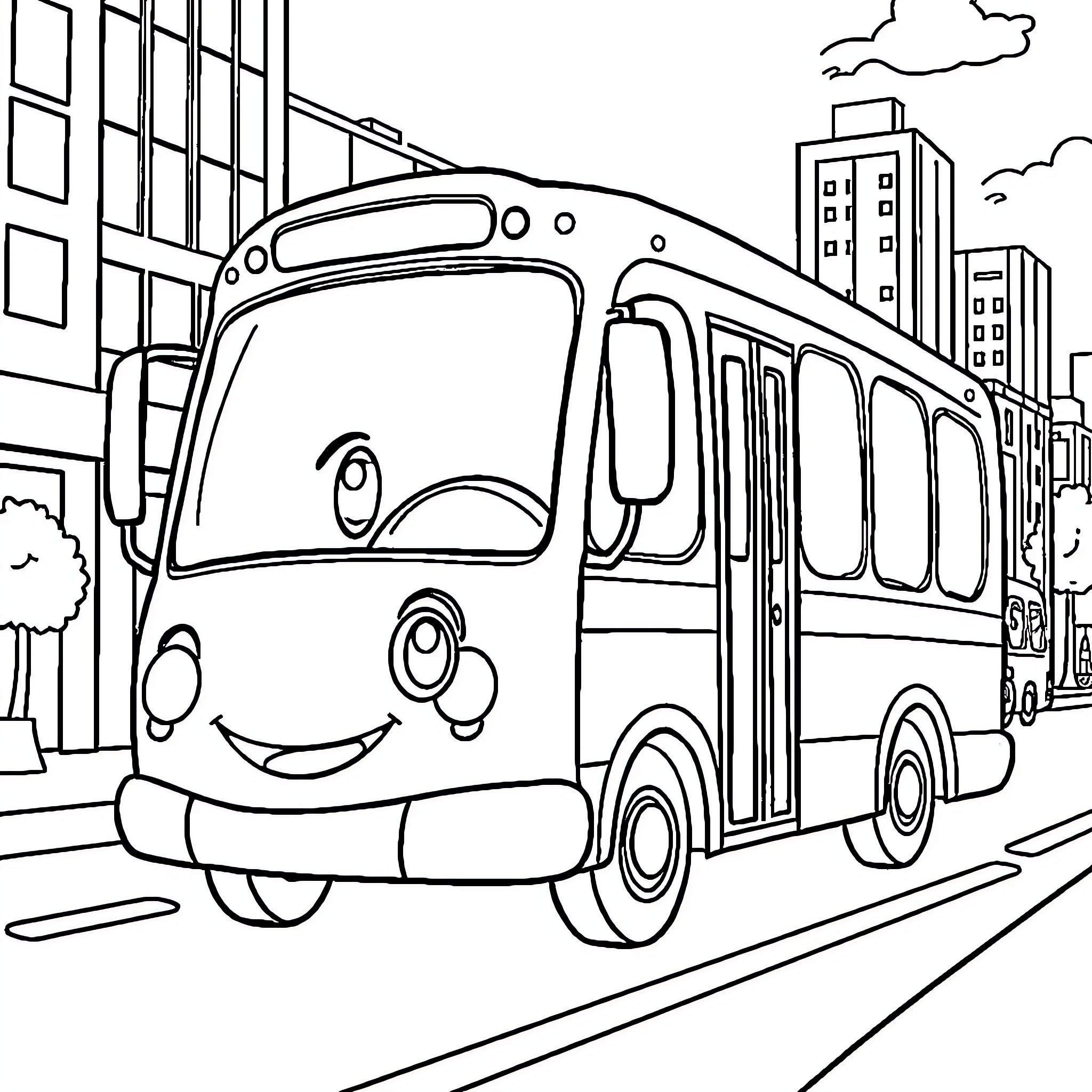 Tayo the Friendly Bus in the City Coloring Page (free black-and-white line drawing printable PDF for all, from beginners to advanced learners, including children, teens, adults, and seniors)
