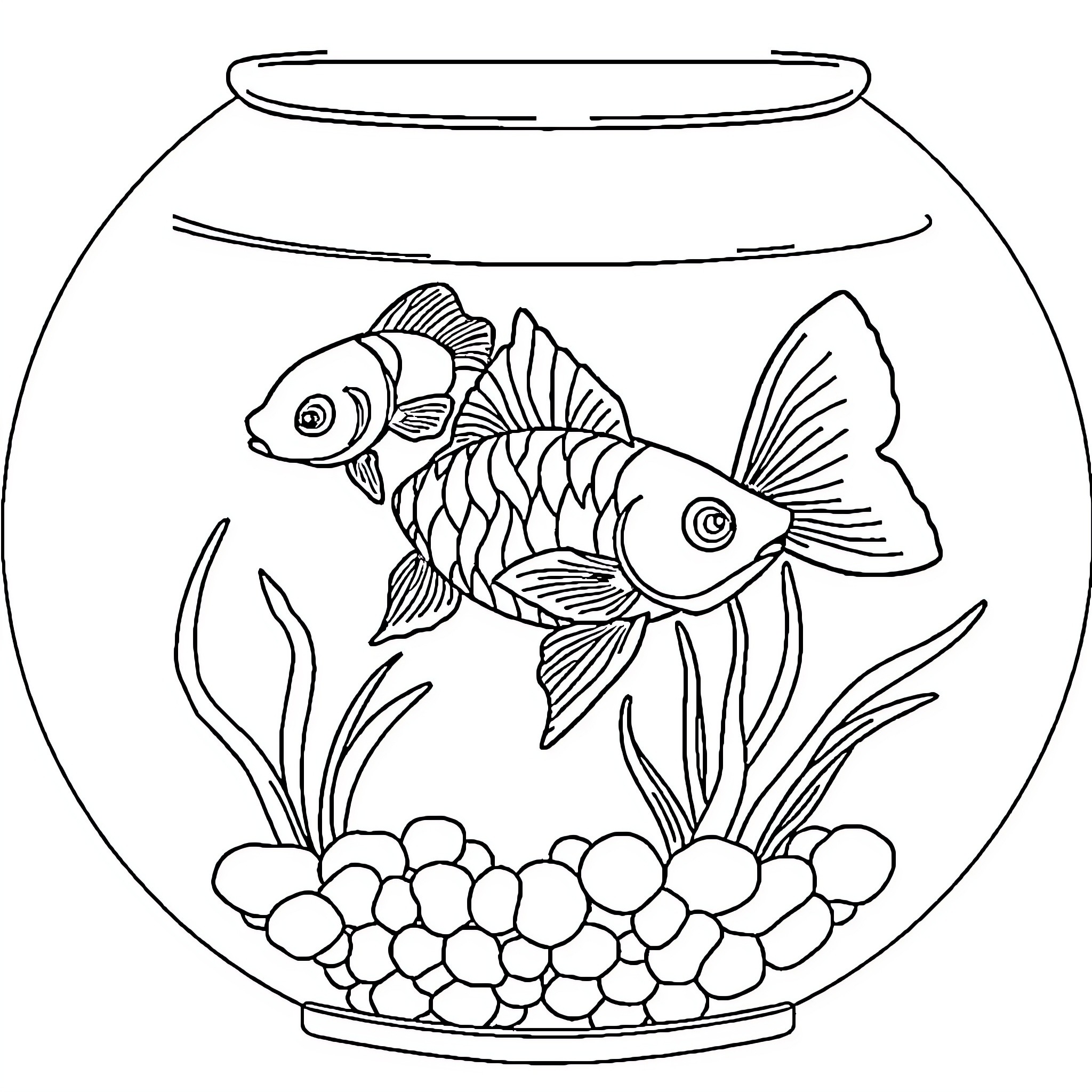 Fish swimming in a fishbowl Coloring Page (free black-and-white line drawing printable PDF for all, from beginners to advanced learners, including children, teens, adults, and seniors)