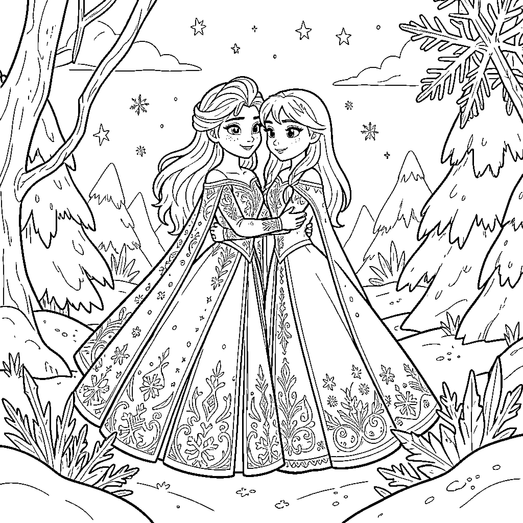 Elsa and Anna hugging in a snowy landscape Coloring Page (free black-and-white line drawing printable PDF for all, from beginners to advanced learners, including children, teens, adults, and seniors)