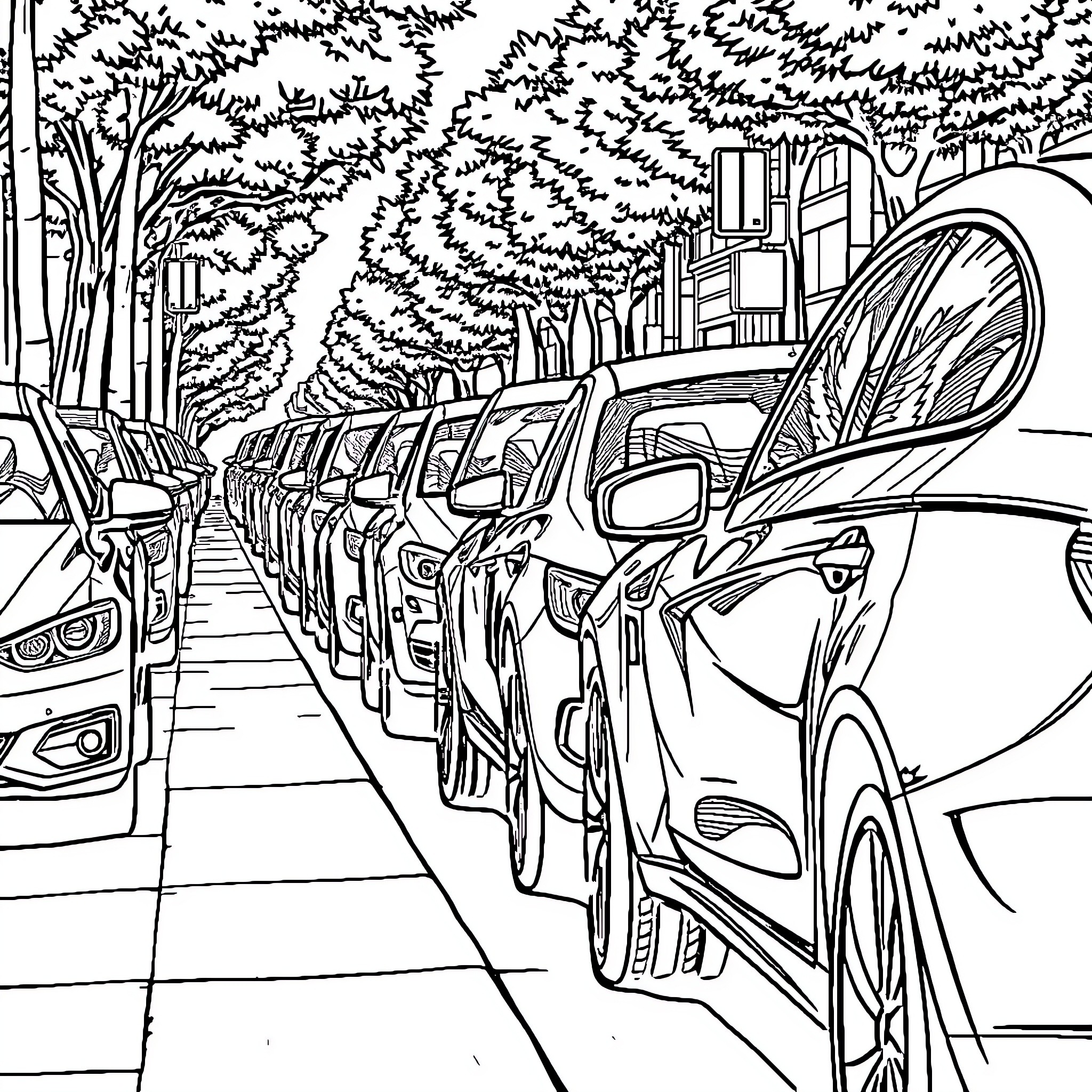 Car parked in orderly row on city street Coloring Page (free black-and-white line drawing printable PDF for all, from beginners to advanced learners, including children, teens, adults, and seniors)