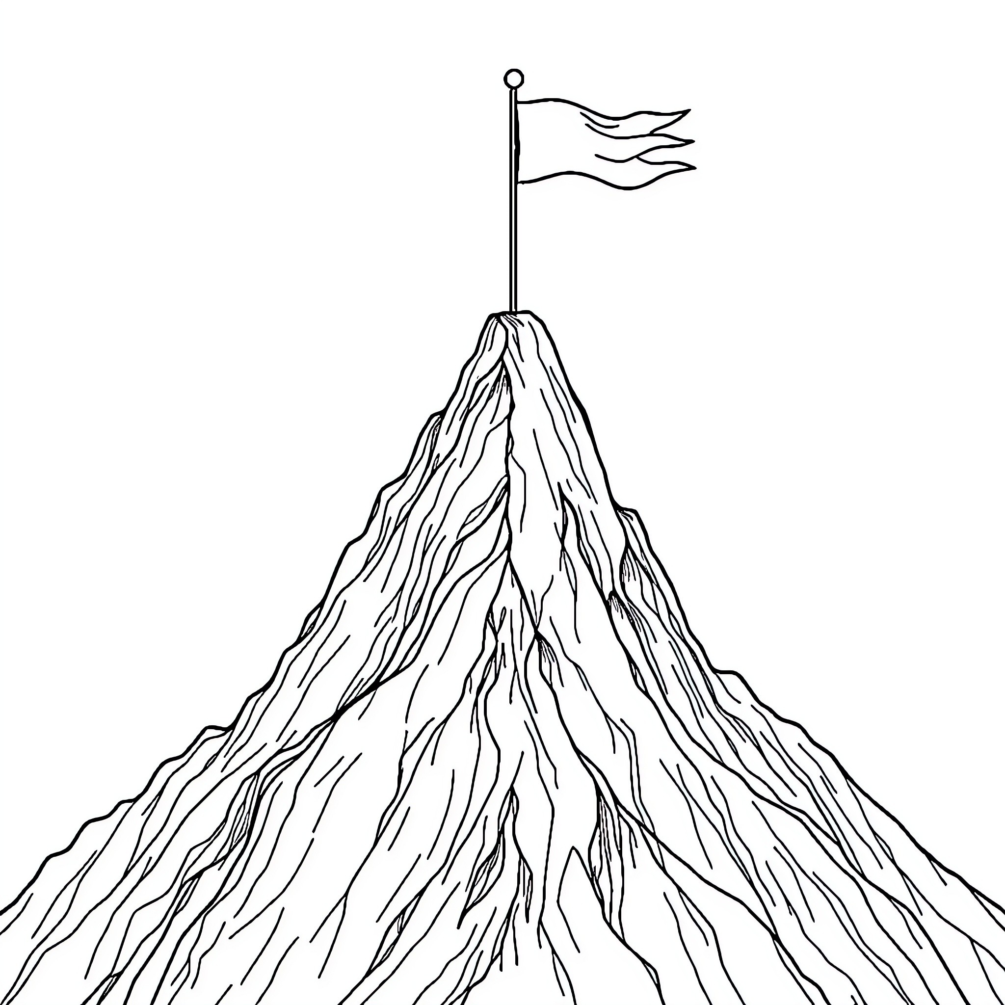Mountain with Waving Flag at Summit Coloring Page (free black-and-white line drawing printable PDF for all, from beginners to advanced learners, including children, teens, adults, and seniors)
