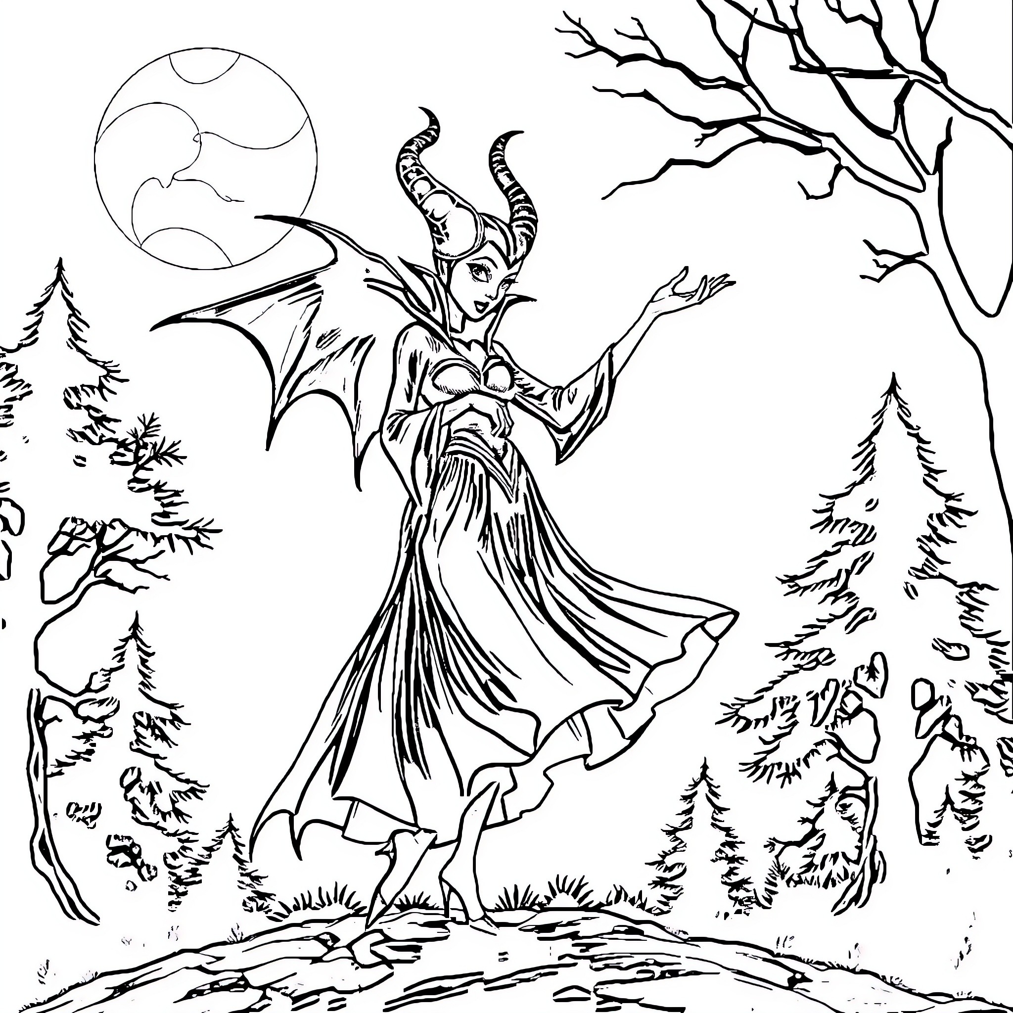 Maleficent's Enchanting Presence in the Moonlit Forest Coloring Page (free black-and-white line drawing printable PDF for all, from beginners to advanced learners, including children, teens, adults, and seniors)