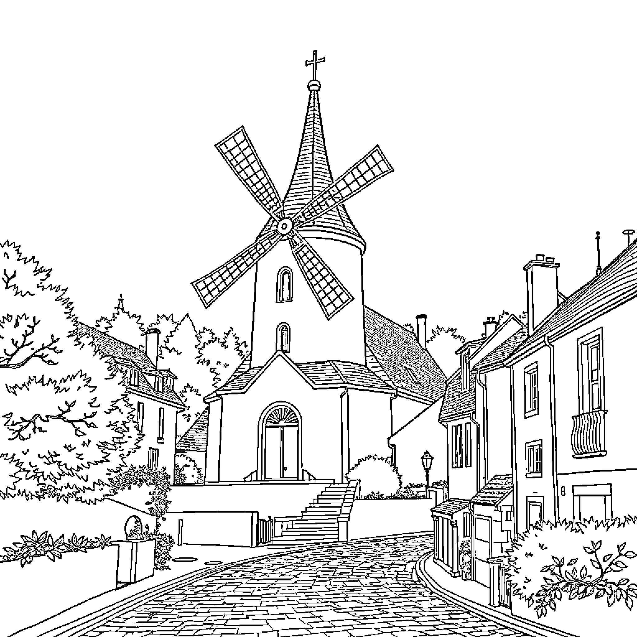 Église with Windmill in Quaint Village Setting Coloring Page (free black-and-white line drawing printable PDF for all, from beginners to advanced learners, including children, teens, adults, and seniors)