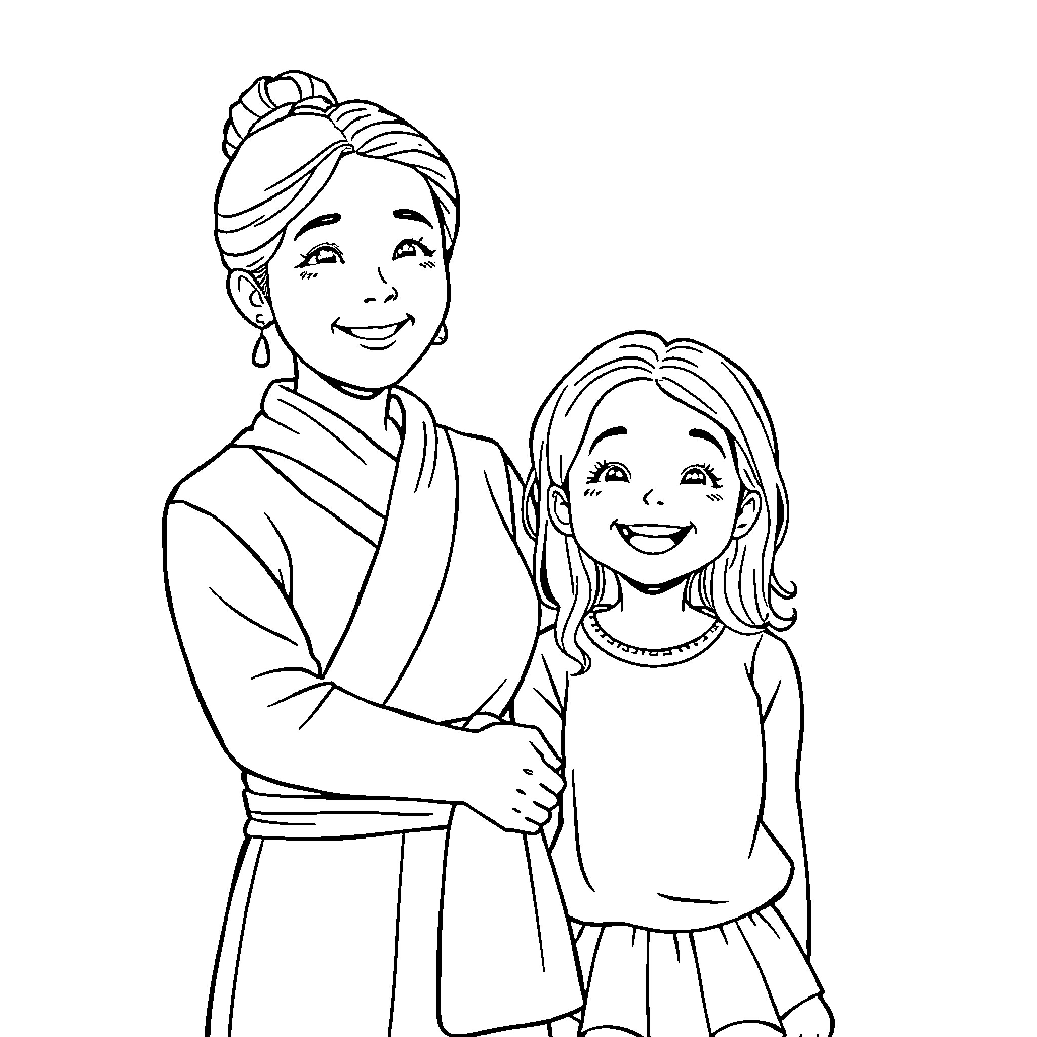 Girl and Child Share Tender Moment Coloring Page (free black-and-white line drawing printable PDF for all, from beginners to advanced learners, including children, teens, adults, and seniors)