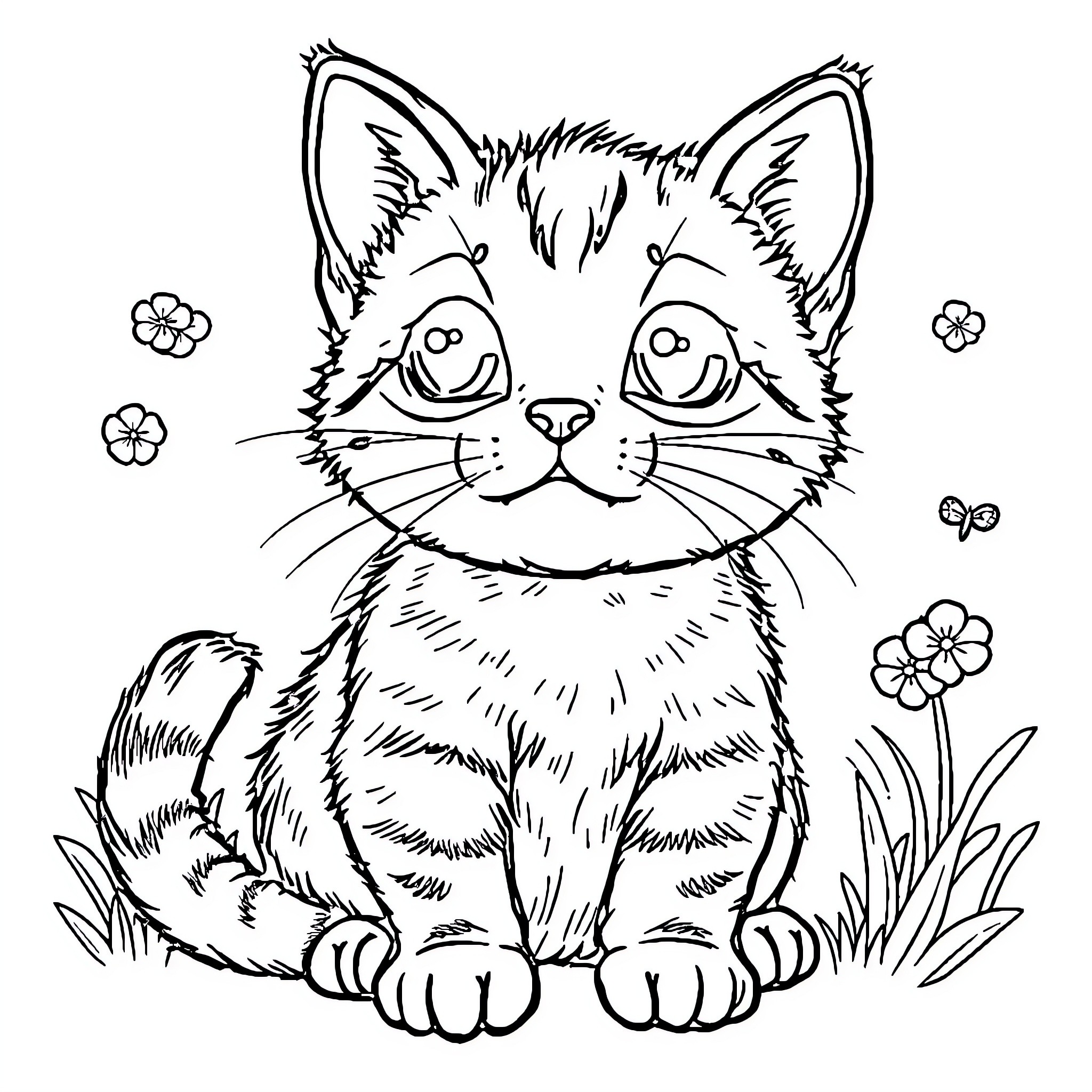 Stitch of a playful kitten in a floral field Coloring Page (free black-and-white line drawing printable PDF for all, from beginners to advanced learners, including children, teens, adults, and seniors)