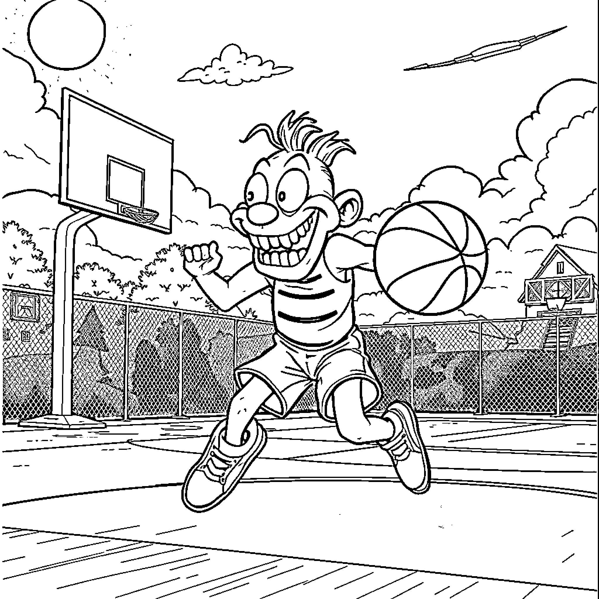 Slappy playing basketball on the court Coloring Page (free black-and-white line drawing printable PDF for all, from beginners to advanced learners, including children, teens, adults, and seniors)