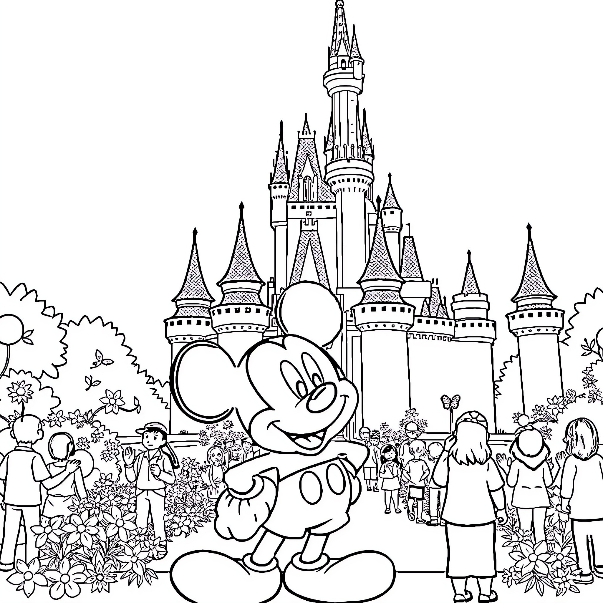 Mickey Mouse entertaining guests at Disney Castle Coloring Page (free black-and-white line drawing printable PDF for all, from beginners to advanced learners, including children, teens, adults, and seniors)