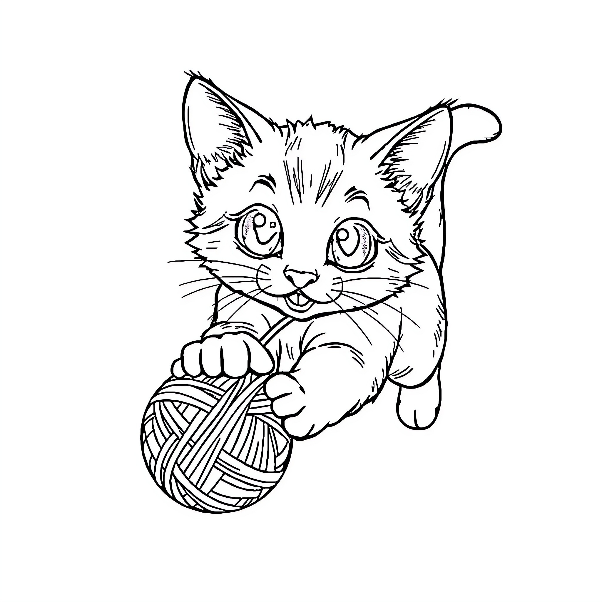 Cat playing with yarn ball Coloring Page (free black-and-white line drawing printable PDF for all, from beginners to advanced learners, including children, teens, adults, and seniors)