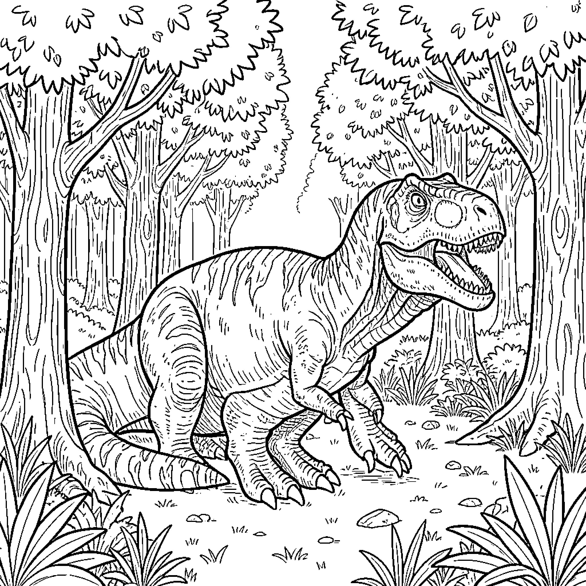 T-Rex roaming through a dense prehistoric jungle Coloring Page (free black-and-white line drawing printable PDF for all, from beginners to advanced learners, including children, teens, adults, and seniors)