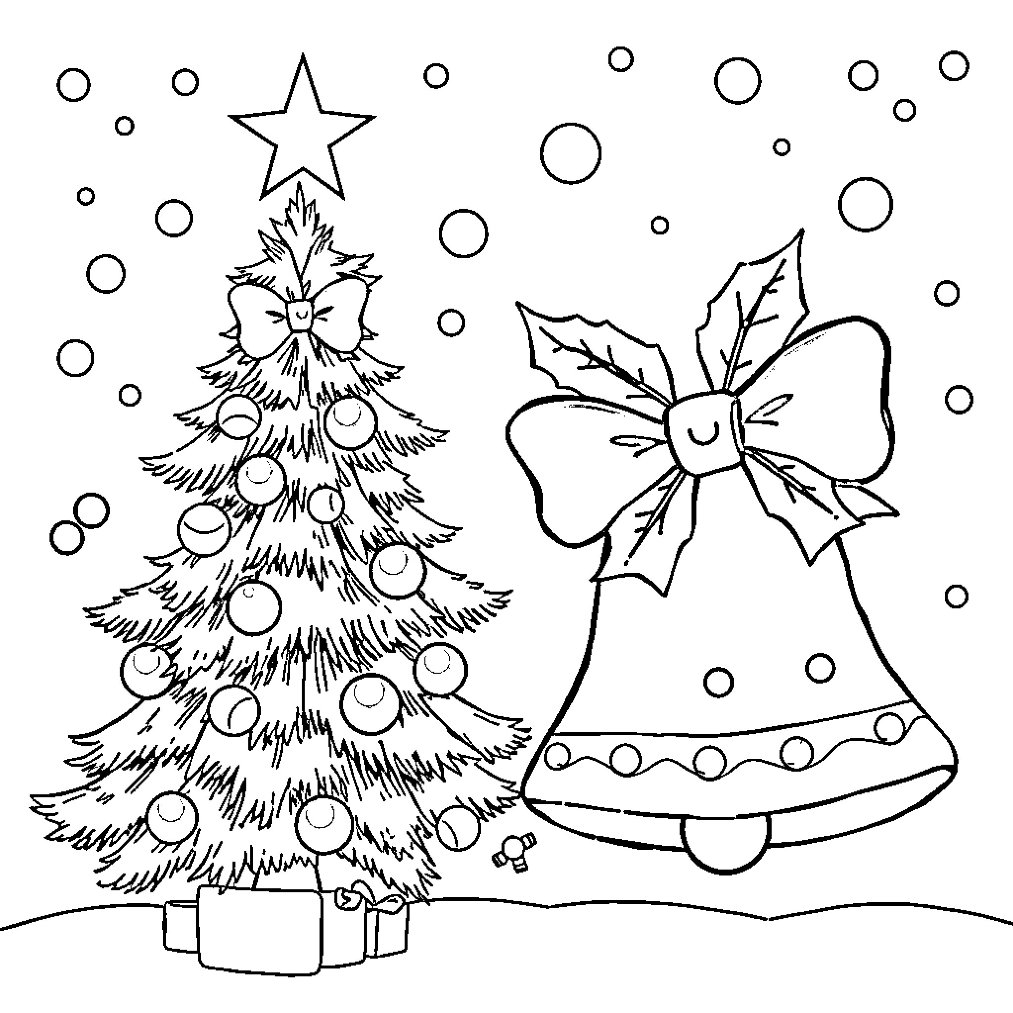 Bell Christmas tree and ornament decoration Coloring Page (free black-and-white line drawing printable PDF for all, from beginners to advanced learners, including children, teens, adults, and seniors)