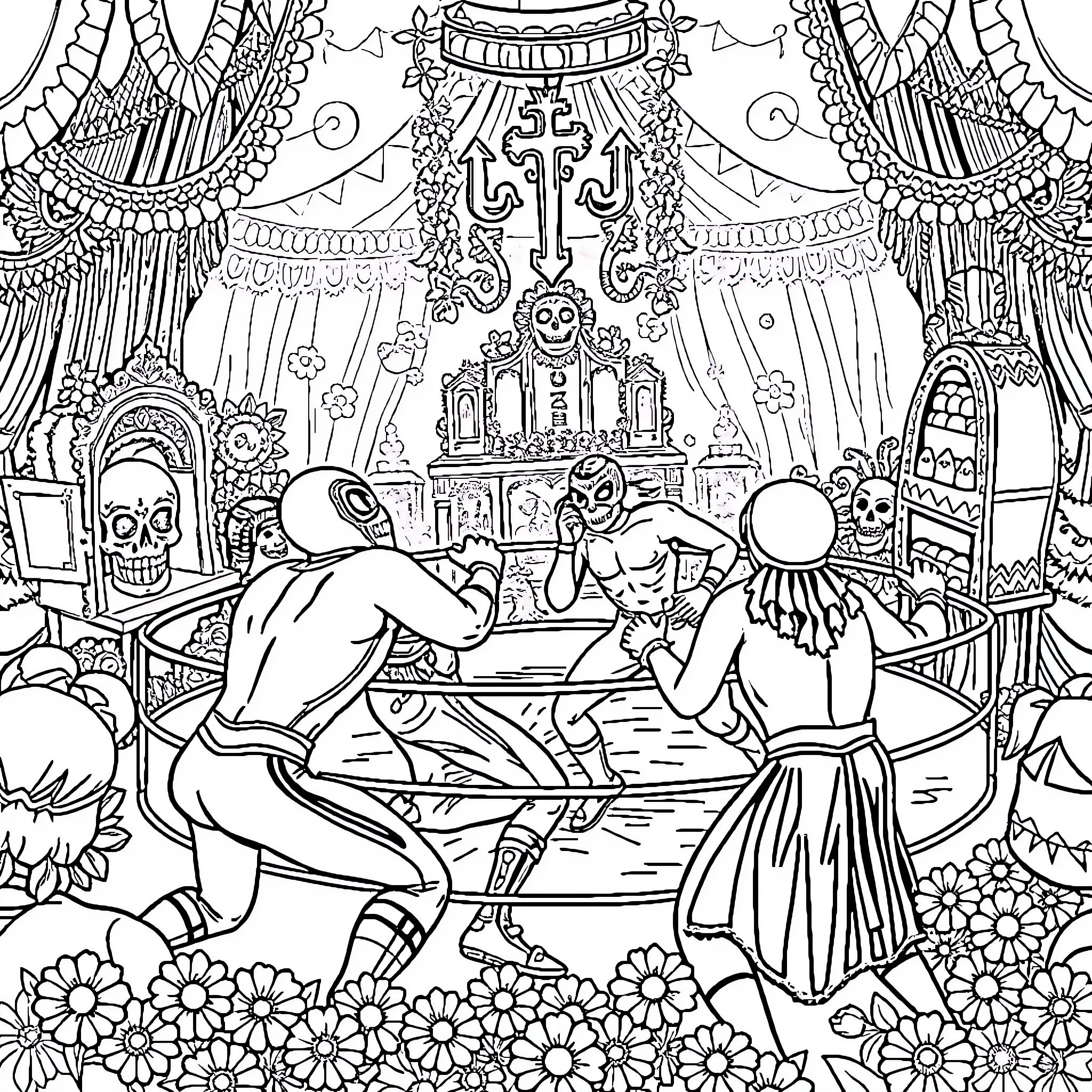 Lucha Libre: Masked Wrestlers Performing Dramatic Spectacle Coloring Page (free black-and-white line drawing printable PDF for all, from beginners to advanced learners, including children, teens, adults, and seniors)