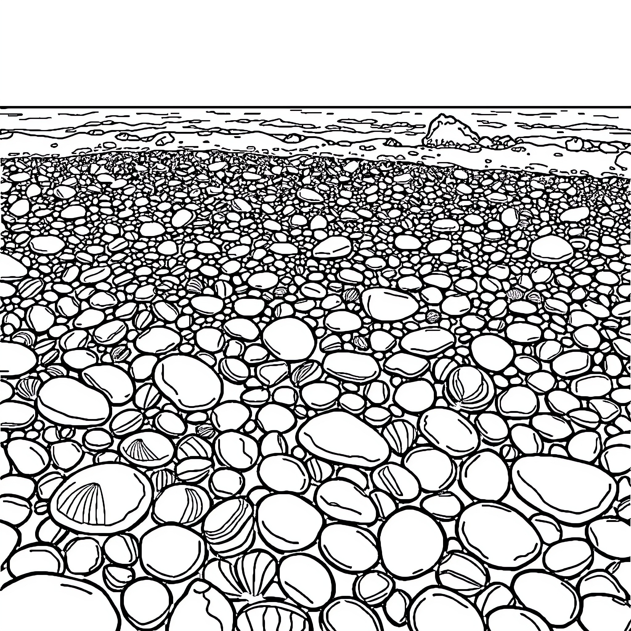 Shell-covered Coastal Landscape Coloring Page (free black-and-white line drawing printable PDF for all, from beginners to advanced learners, including children, teens, adults, and seniors)