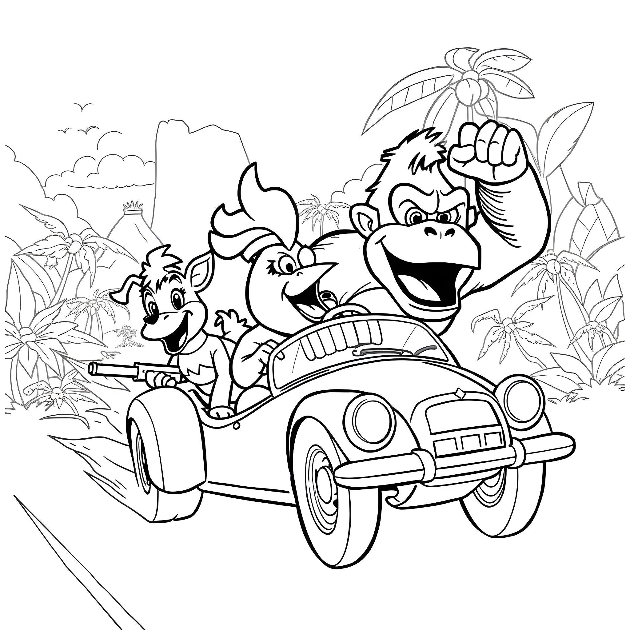 Dog friends driving a car in the jungle Coloring Page (free black-and-white line drawing printable PDF for all, from beginners to advanced learners, including children, teens, adults, and seniors)