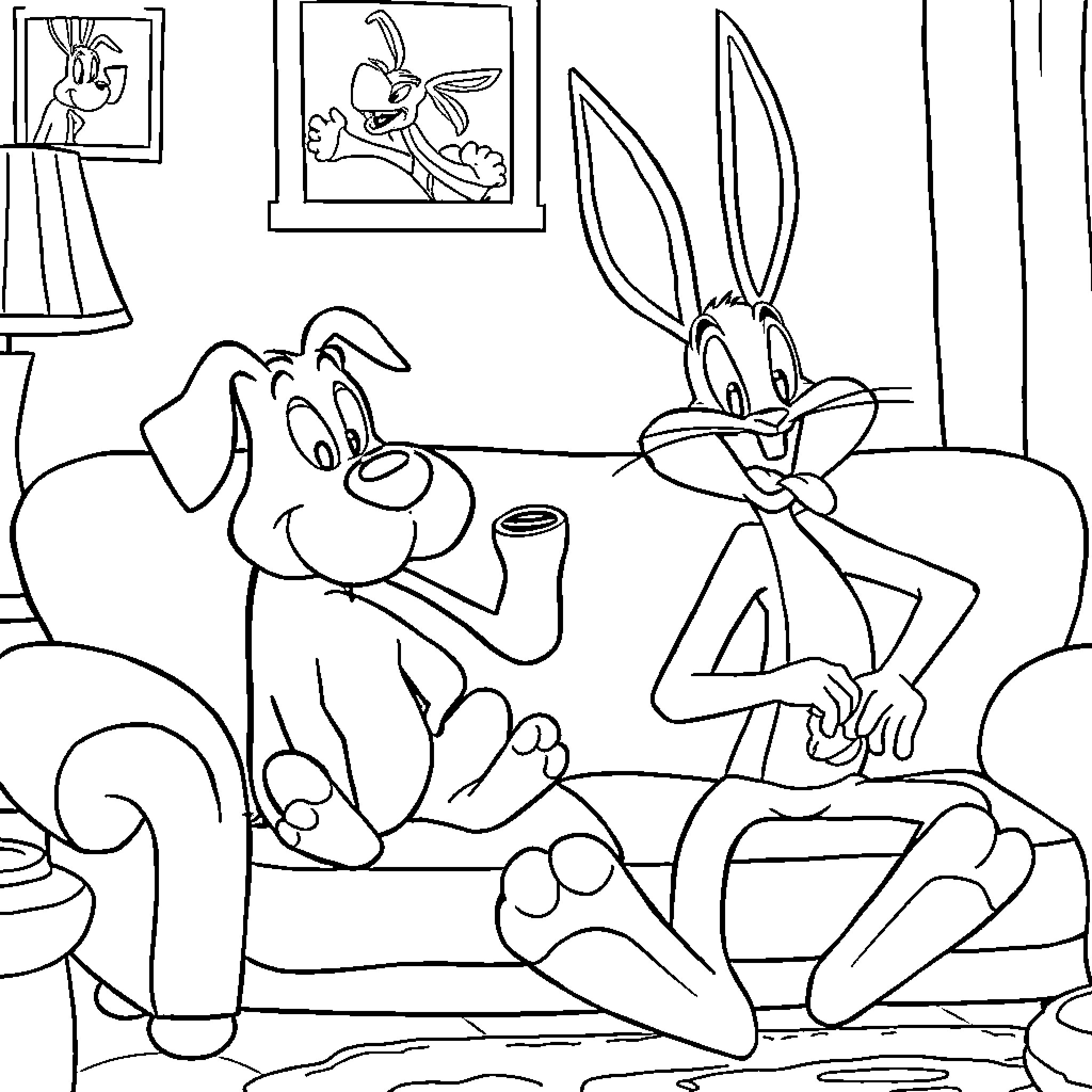 Courage of Cartoon Companions in Cozy Living Room Coloring Page (free black-and-white line drawing printable PDF for all, from beginners to advanced learners, including children, teens, adults, and seniors)