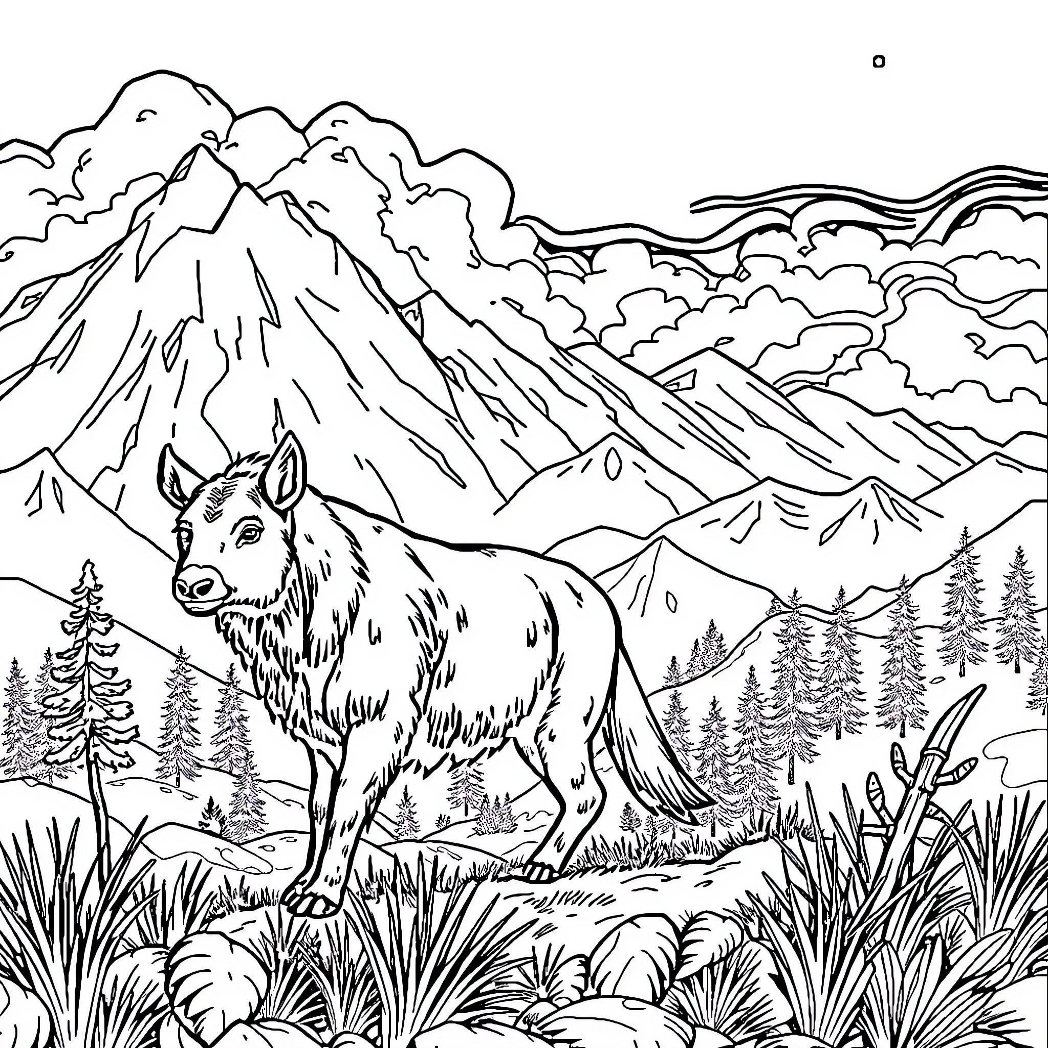 Huntraxx Exploring the Majestic Mountain Landscape Coloring Page (free black-and-white line drawing printable PDF for all, from beginners to advanced learners, including children, teens, adults, and seniors)
