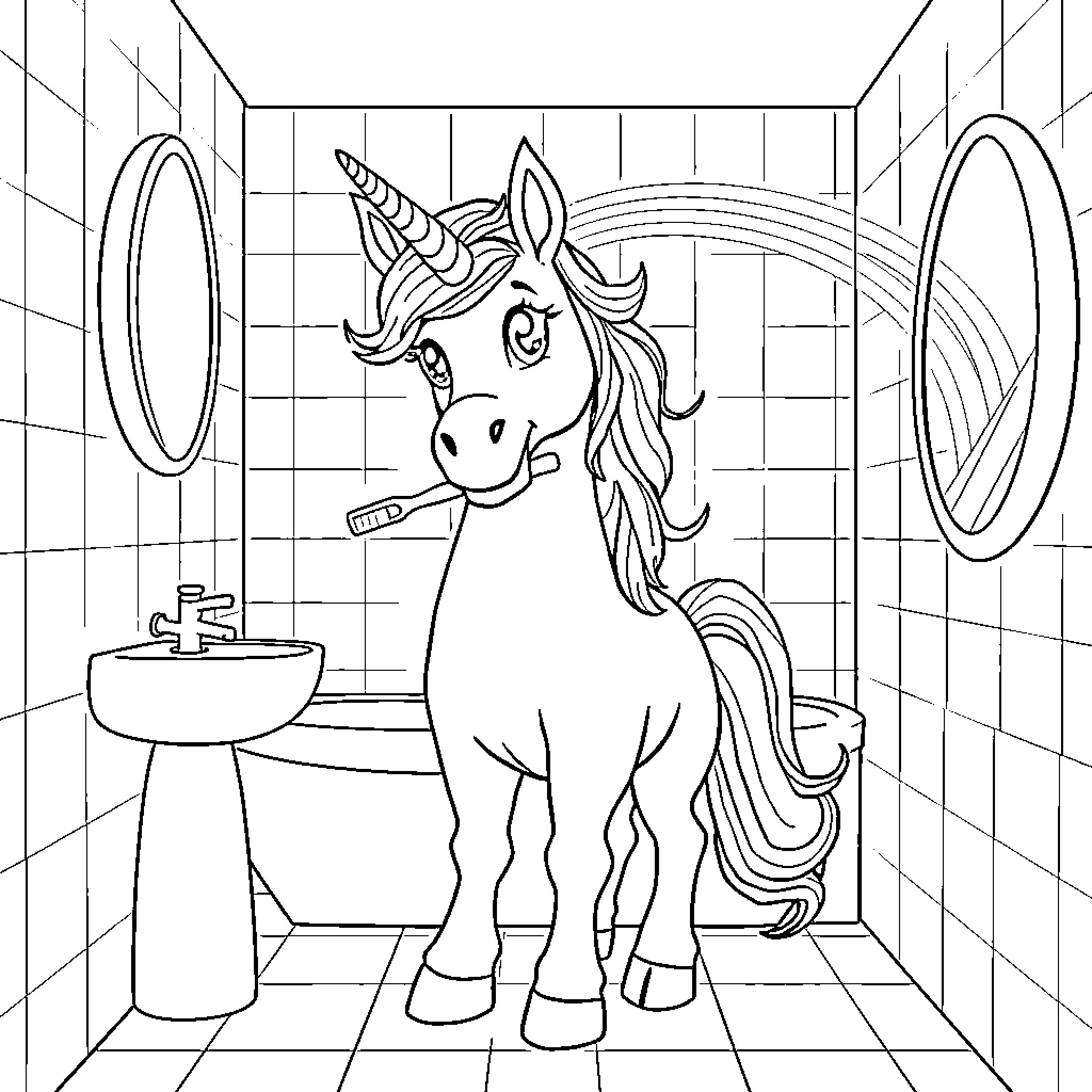 Unicorn in the Bathroom Coloring Page (free black-and-white line drawing printable PDF for all, from beginners to advanced learners, including children, teens, adults, and seniors)