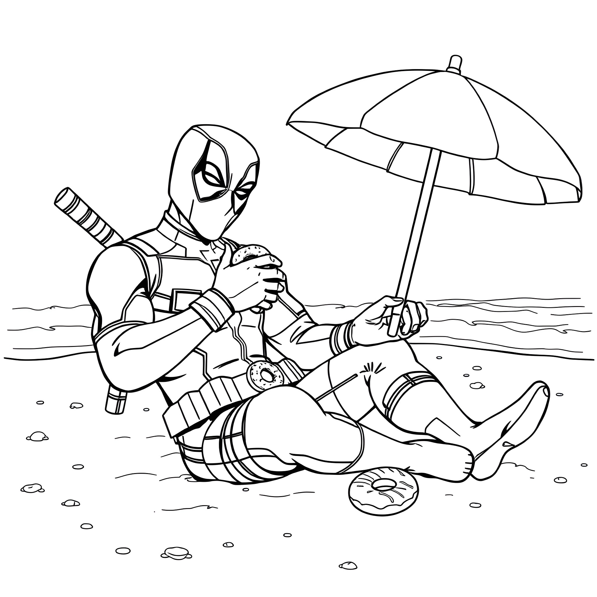 Deadpool relaxing on the beach under an umbrella Coloring Page (free black-and-white line drawing printable PDF for all, from beginners to advanced learners, including children, teens, adults, and seniors)