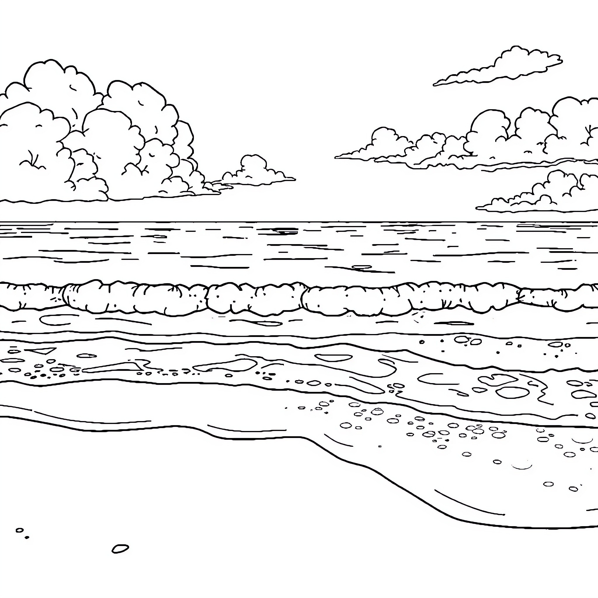 Beach scenery with waves and cloudy sky Coloring Page (free black-and-white line drawing printable PDF for all, from beginners to advanced learners, including children, teens, adults, and seniors)