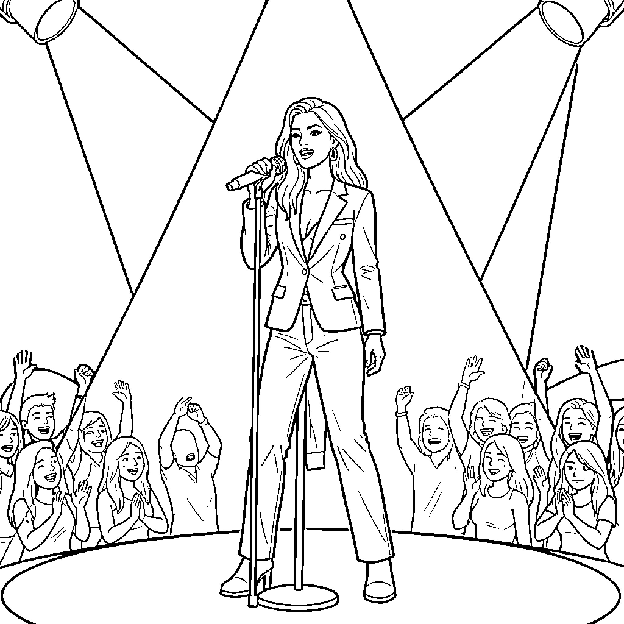 Lana Del Rey Performing for Adoring Crowd Coloring Page (free black-and-white line drawing printable PDF for all, from beginners to advanced learners, including children, teens, adults, and seniors)
