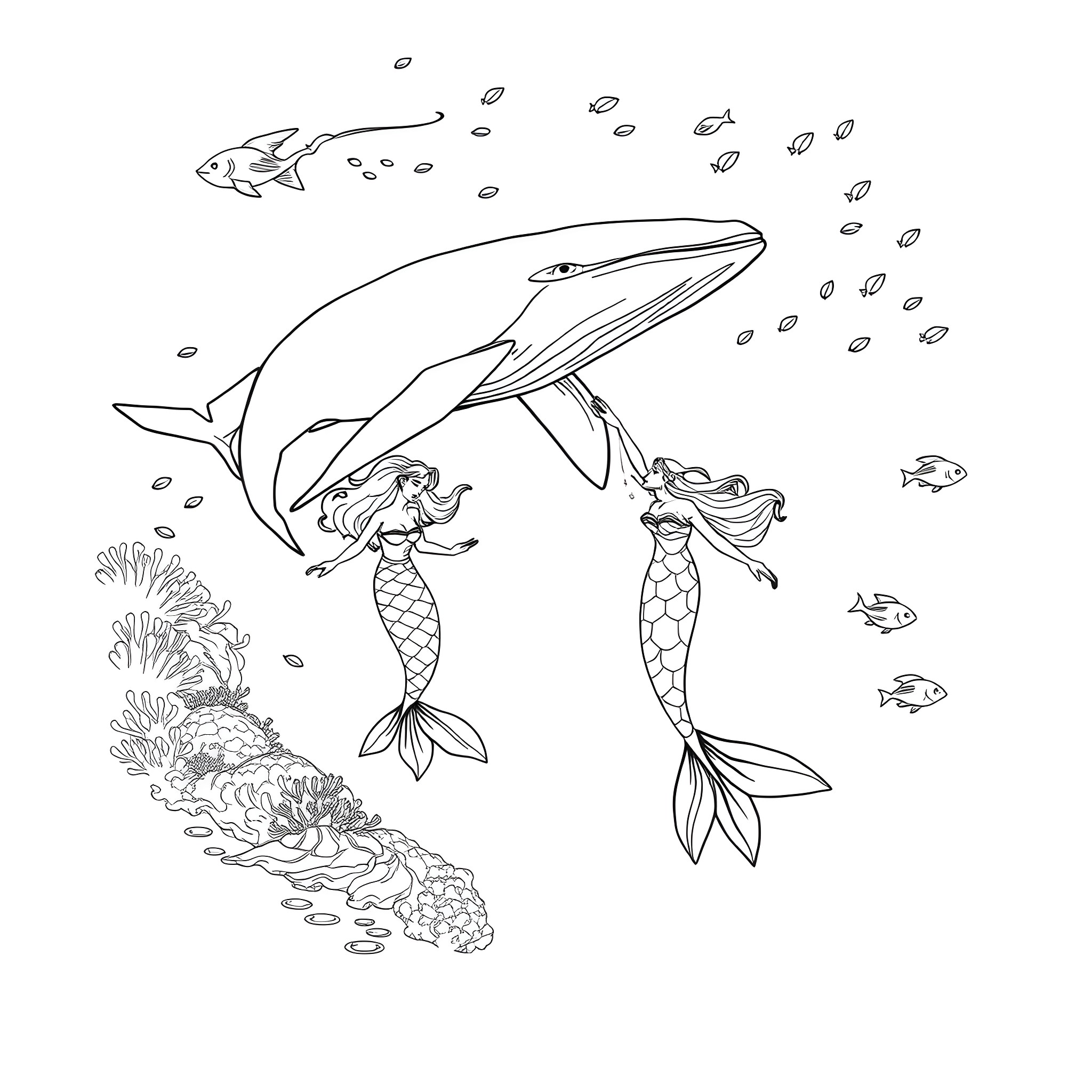 Mermaid friends exploring the underwater world Coloring Page (free black-and-white line drawing printable PDF for all, from beginners to advanced learners, including children, teens, adults, and seniors)