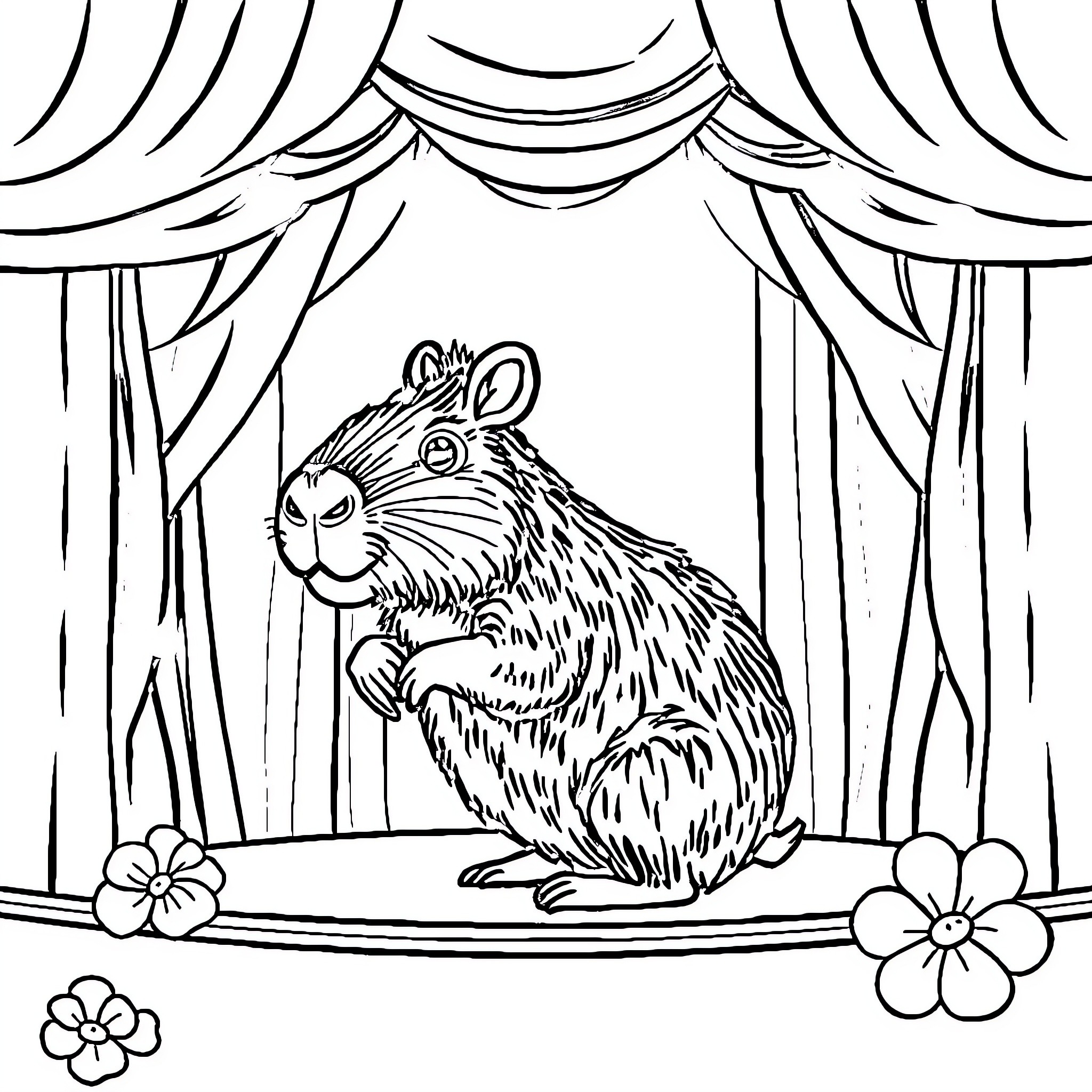 Capybara performing on stage in a theater Coloring Page (free black-and-white line drawing printable PDF for all, from beginners to advanced learners, including children, teens, adults, and seniors)